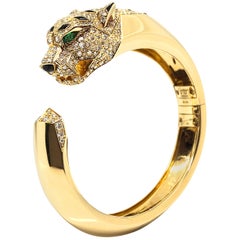 Cartier Diamond Emerald and Onyx Panthere 18 Karat Yellow Gold Bangle Bracelet