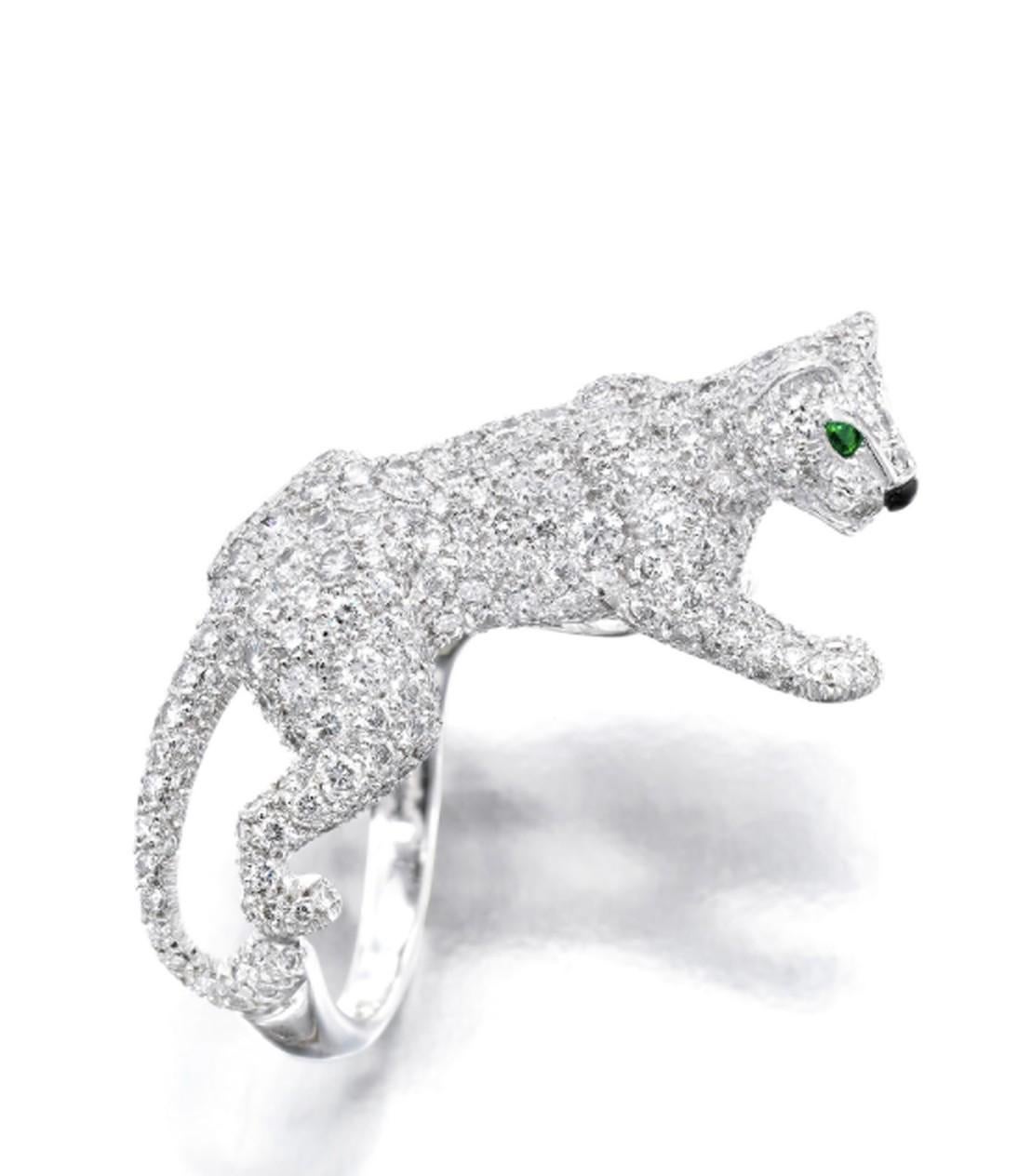 Mixed Cut Cartier Diamond, Emerald and Onyx Panthère Ring For Sale