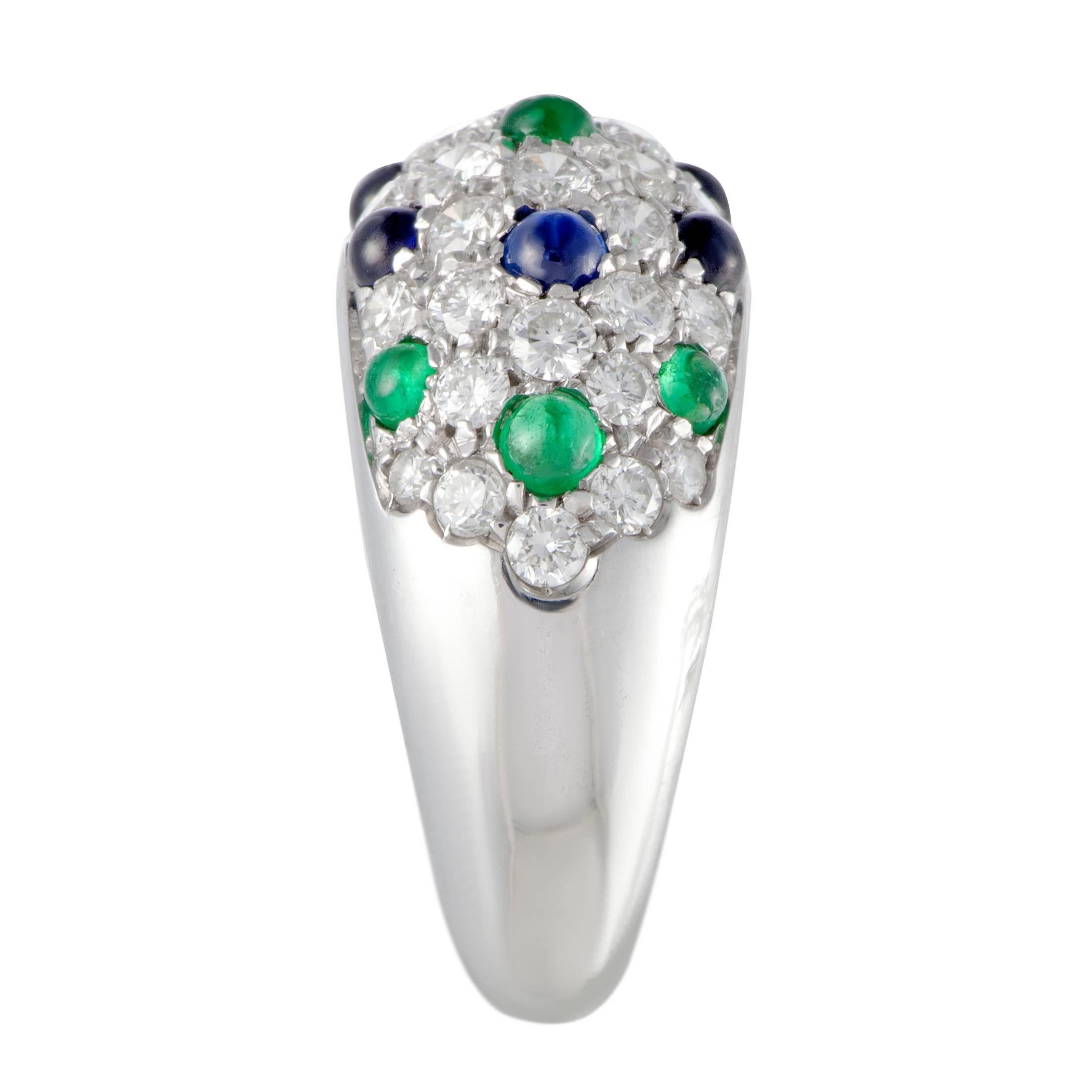 Round Cut Cartier Diamond Emerald and Sapphire Pave Gold Band Ring
