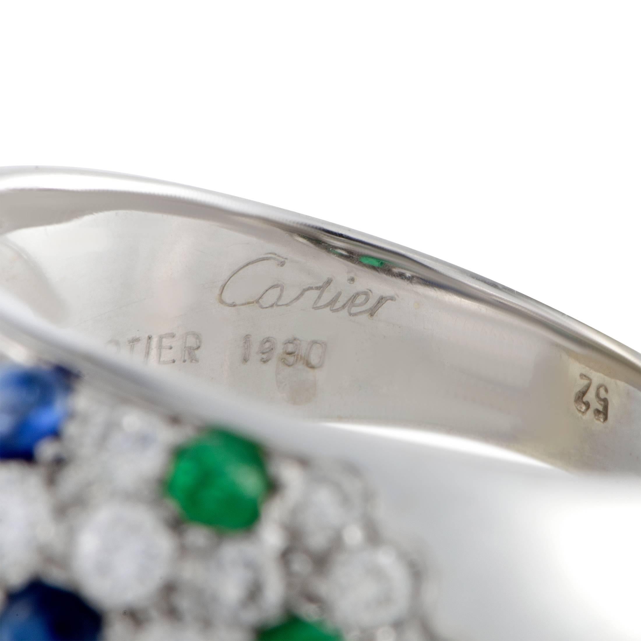 Women's Cartier Diamond Emerald and Sapphire Pave Gold Band Ring