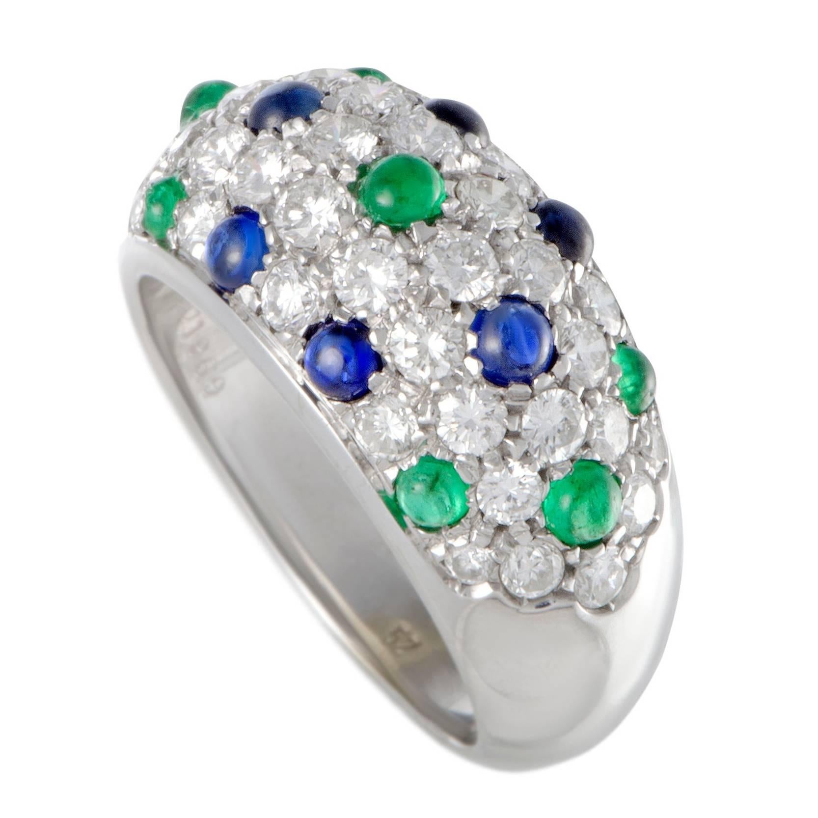 Cartier Diamond Emerald and Sapphire Pave Gold Band Ring
