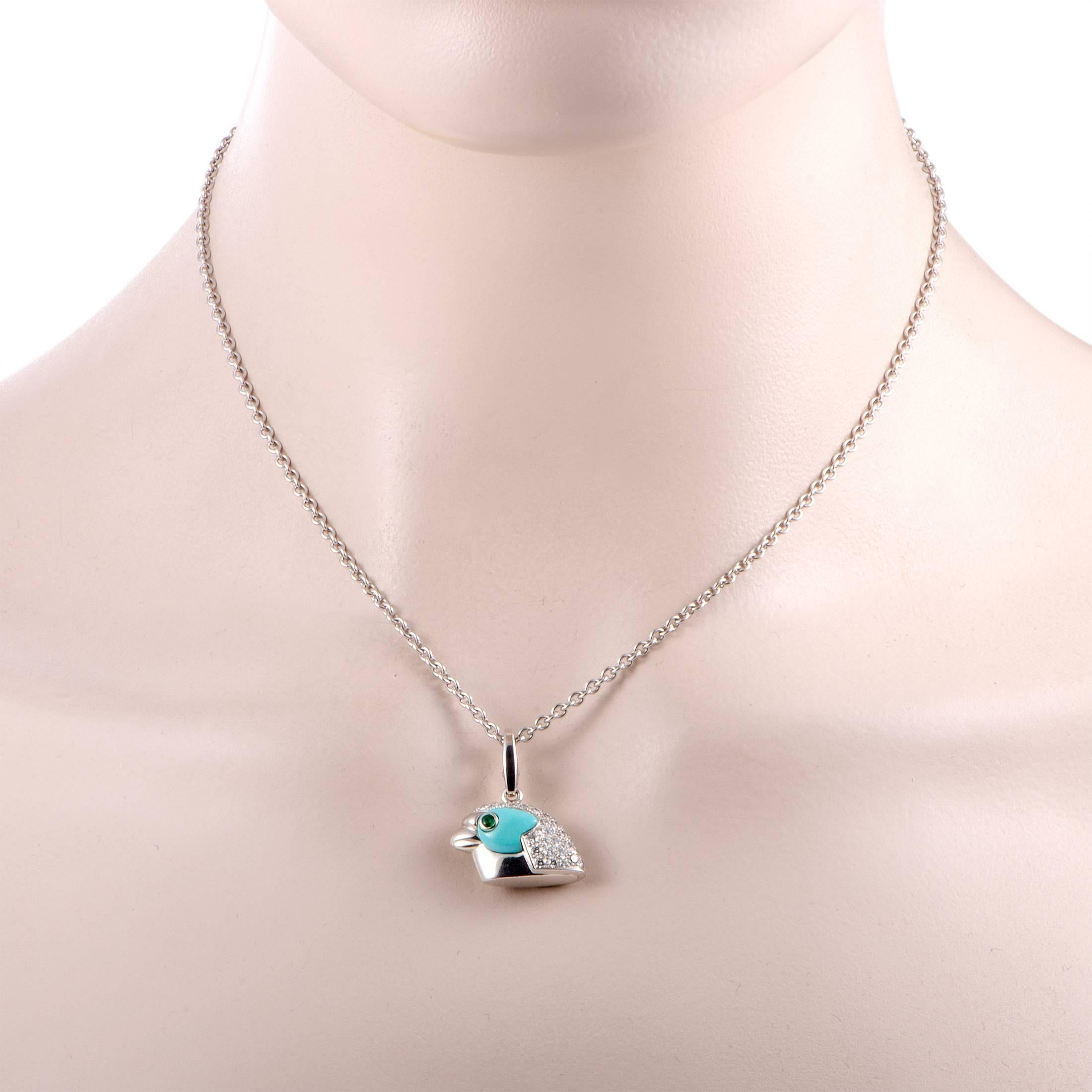 This limited edition piece from Cartier offers an endearingly elegant appearance accentuated by attractive emerald and turquoise stones. The necklace is made of luxurious 18K white gold and is also embellished with approximately 1.50 carats of