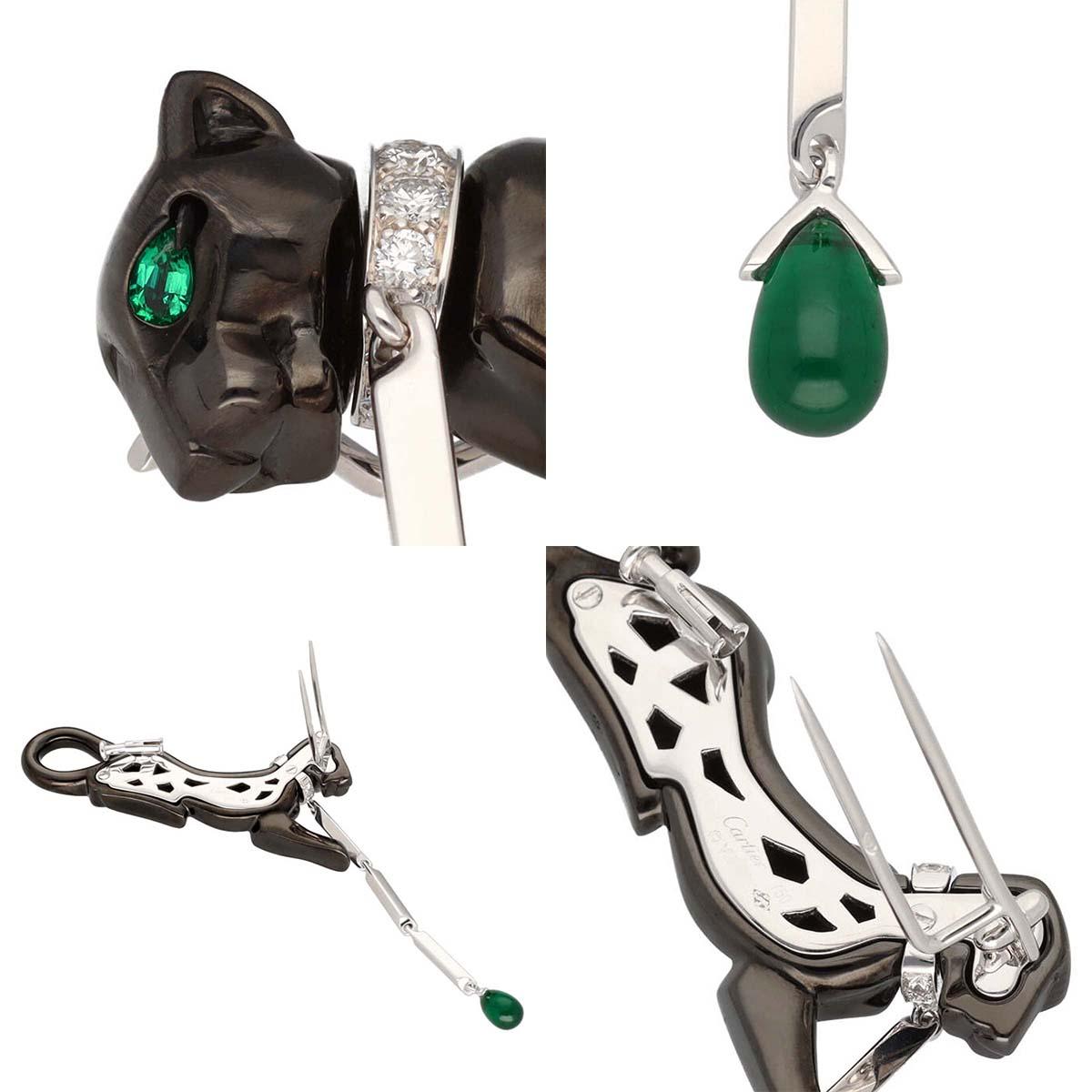 Oval Cut Cartier Black Panthere Diamond Emerald Black Finish 18K white gold Brooch For Sale