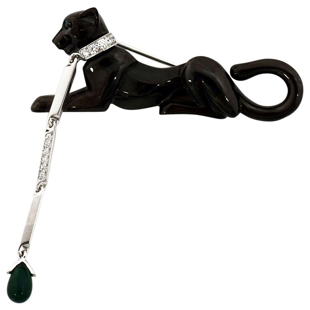 Cartier Panthere Black Enamel Emerald Gold Brooch For Sale at 1stDibs