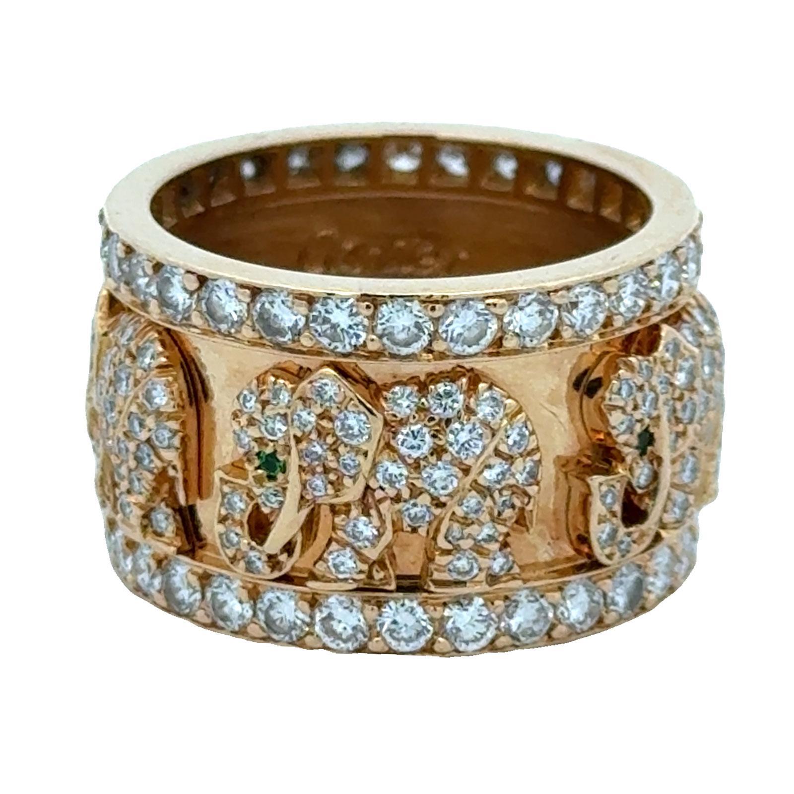 Cartier Diamond Emerald Elephant 18 Karat Yellow Gold Band Ring Size 6.5 (53) In Excellent Condition In Boca Raton, FL