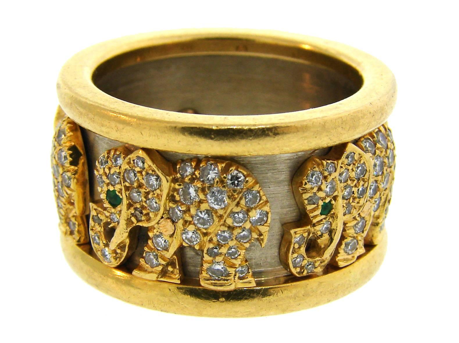 Cartier Diamond Emerald Gold Elephant Band Ring 2