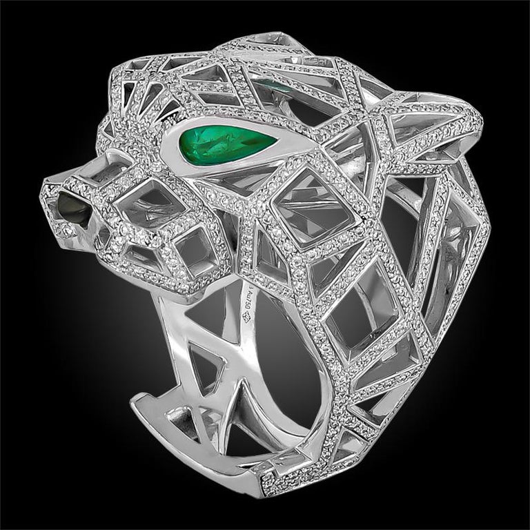 Round Cut Cartier Panthère Diamond White Gold Openwork Panther Head Ring For Sale