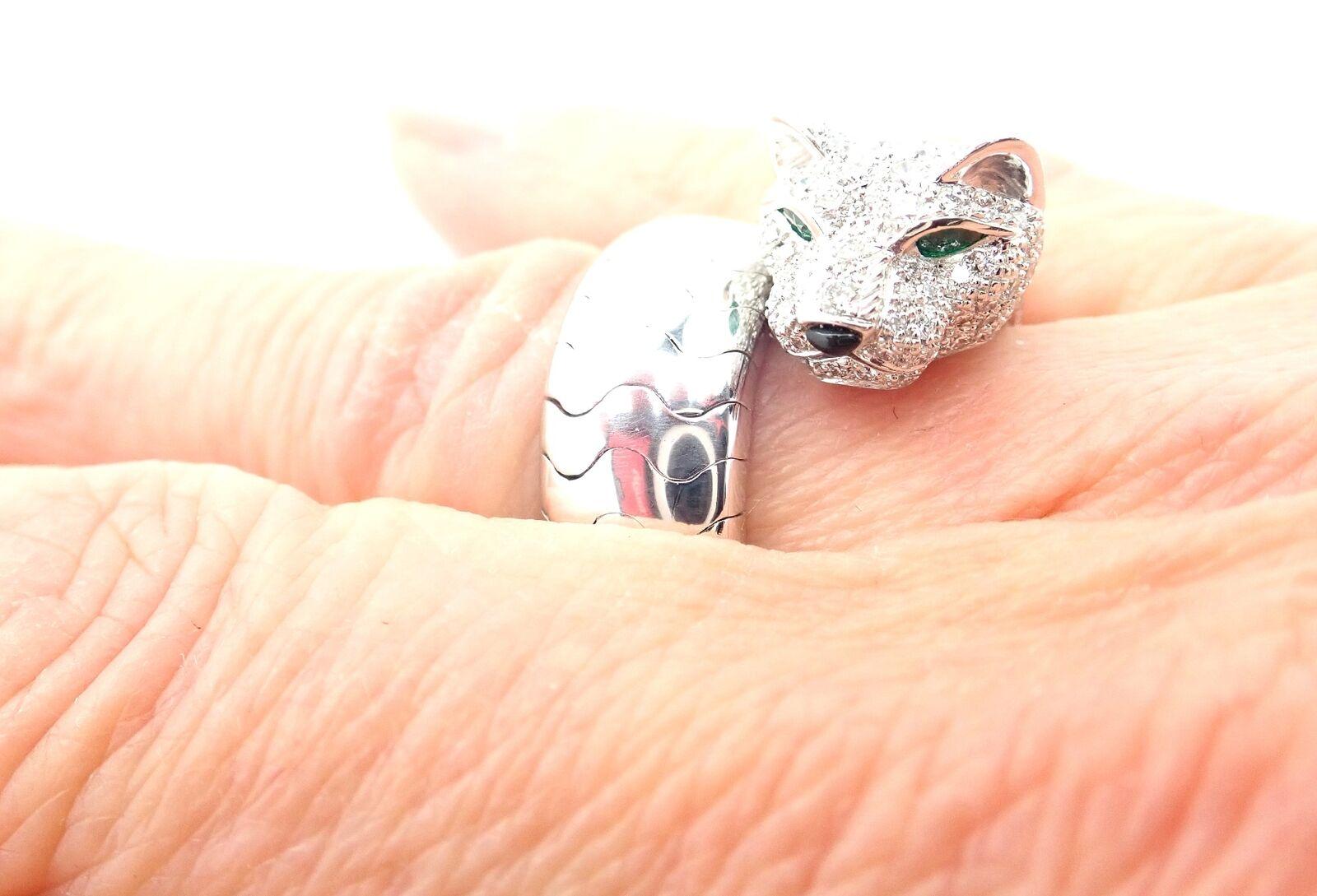 Cartier Diamond Emerald Onyx White Gold Panther Ring For Sale 1