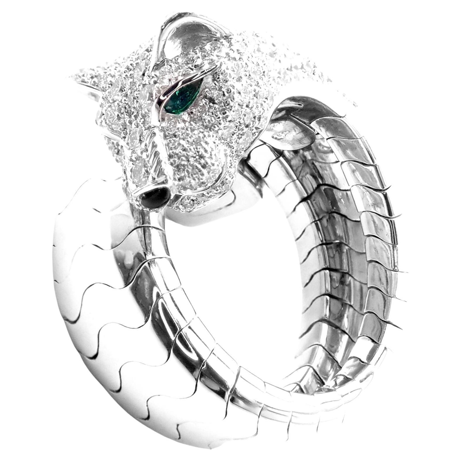 Cartier Diamond Emerald Onyx White Gold Panther Ring