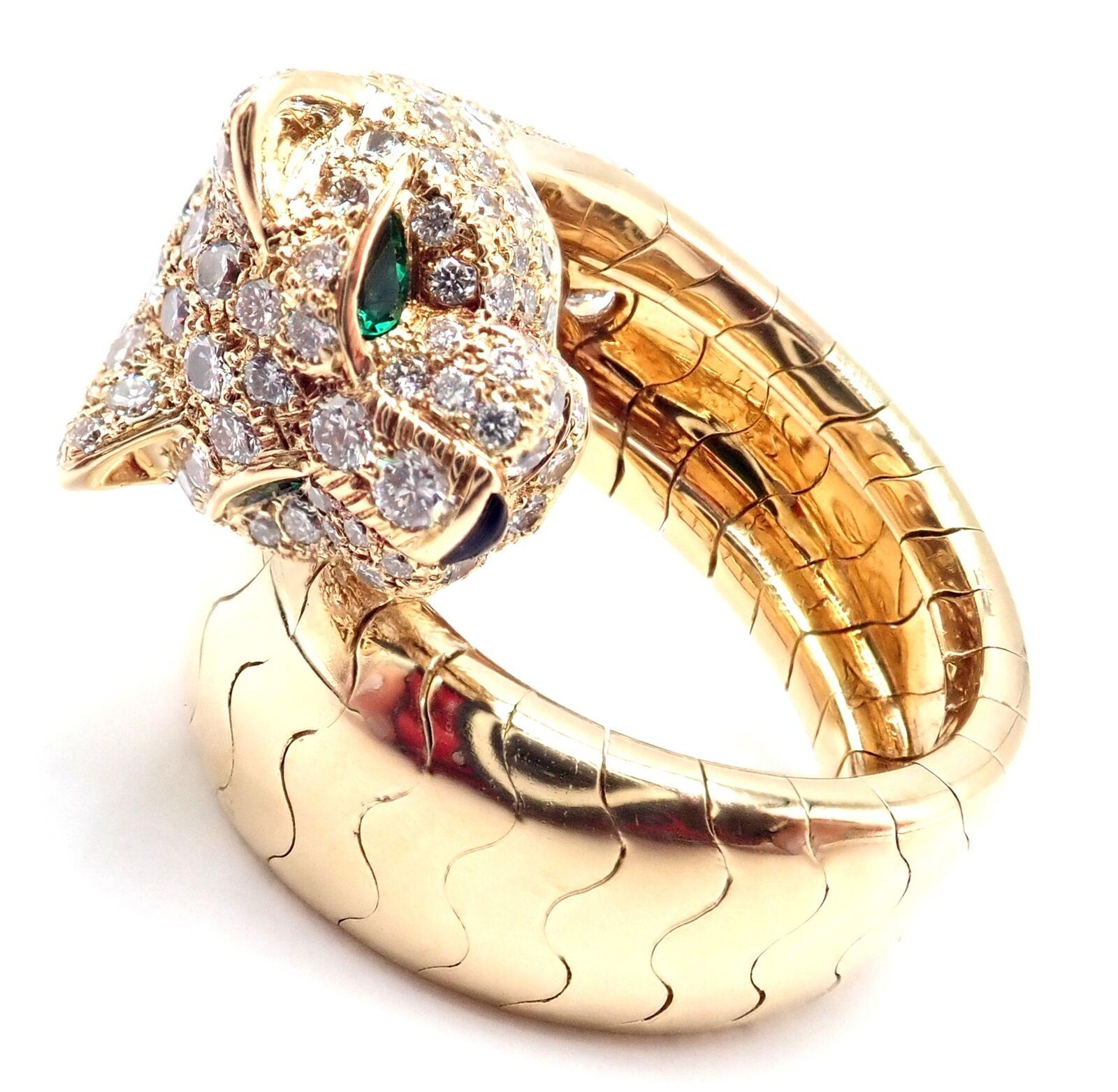 18k Yellow Gold Diamond, Emerald, Onyx Panther Ring by Cartier. 
Part of Cartier's 