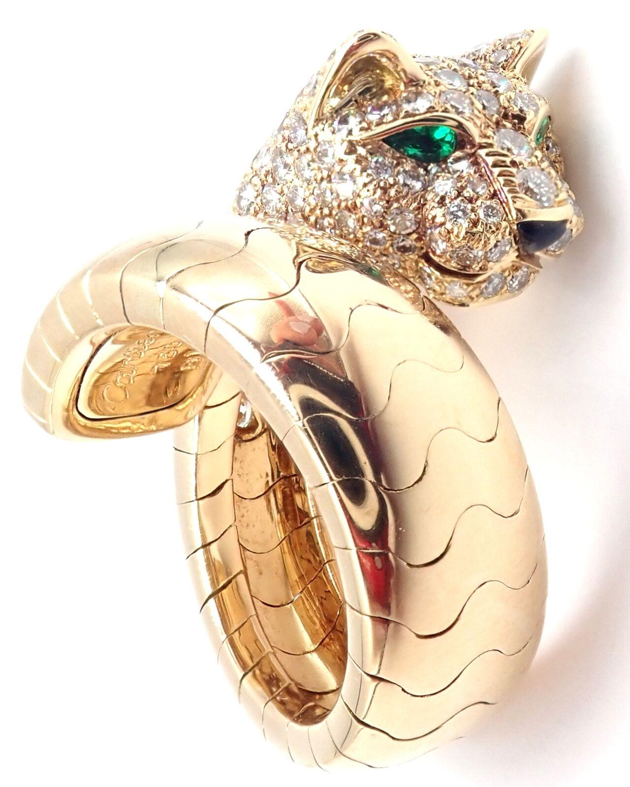 Cartier Diamond Emerald Onyx Yellow Gold Panther Panthere Ring In Excellent Condition For Sale In Holland, PA