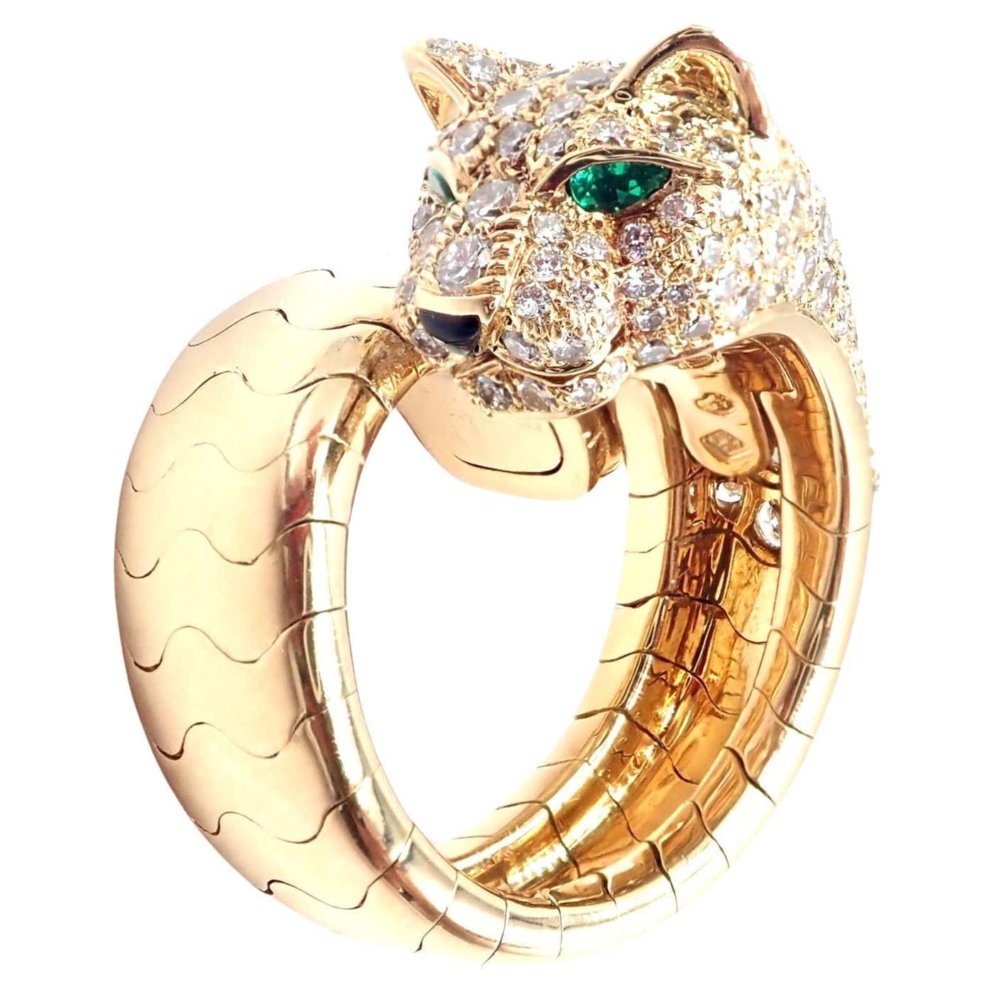 Cartier Diamond Emerald Onyx Yellow Gold Panther Panthere Ring For Sale ...