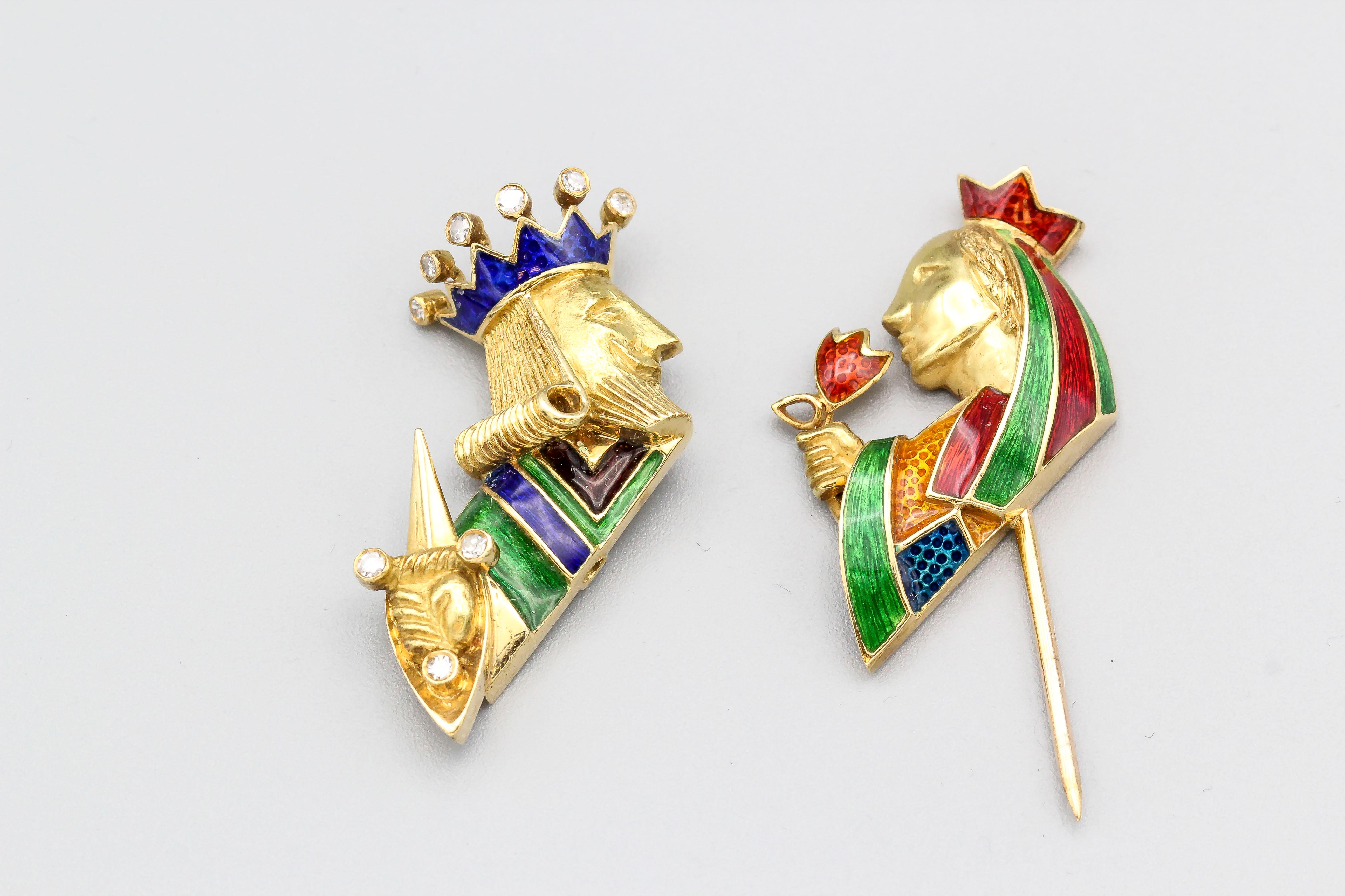 Brilliant Cut Cartier Diamond Enamel and 18 Karat Gold King and Queen Jabot Brooch For Sale