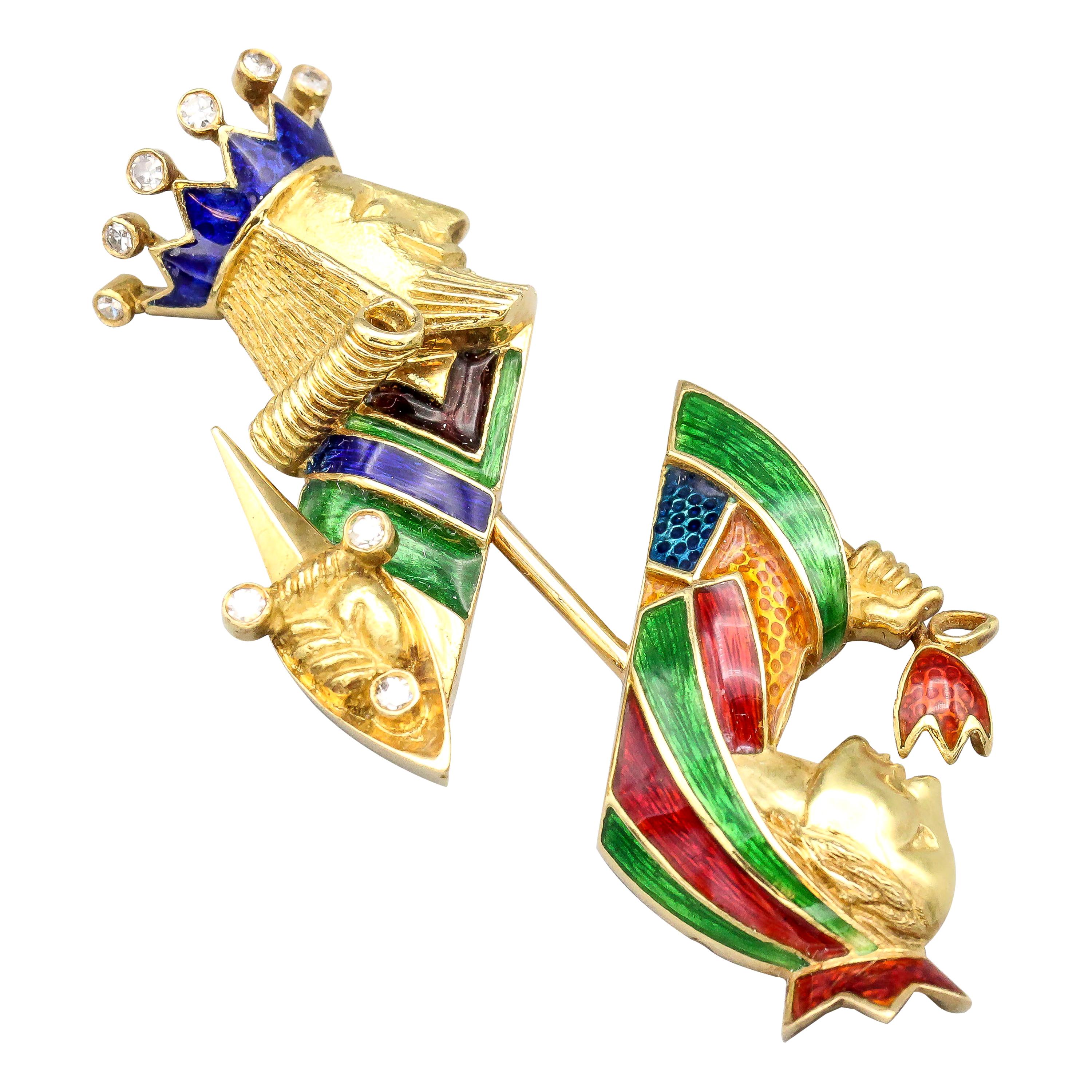 Cartier Diamond Enamel and 18 Karat Gold King and Queen Jabot Brooch For Sale