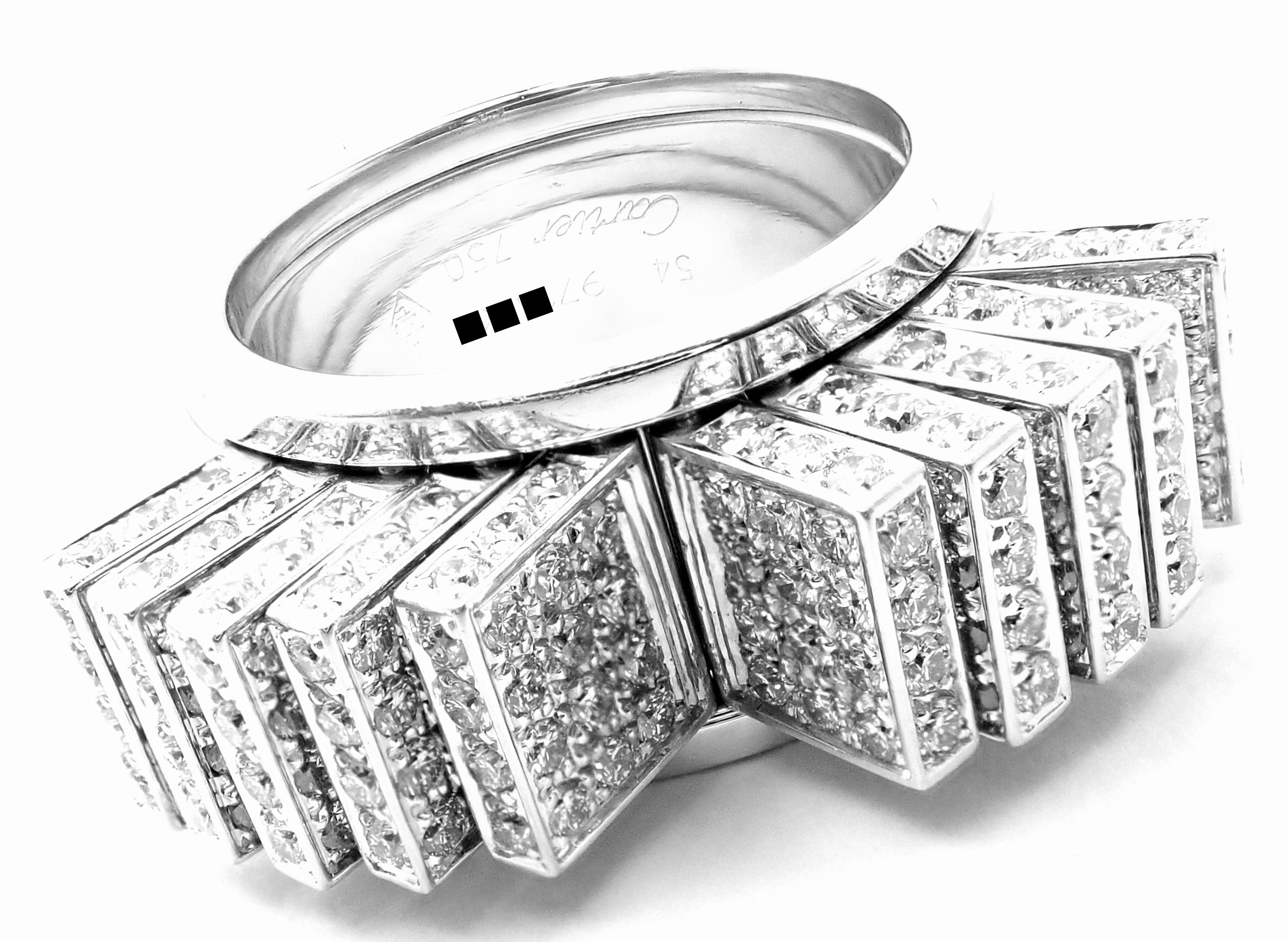 18k White Gold Diamond Fan Ring by Cartier.   
With 340 Round brilliant cut diamonds VVS1 clarity, E color total weight approximately 4.25ct
This ring comes with original Cartier box and Cartier valuation report dated May 2018.
Details: 
Ring Size:
