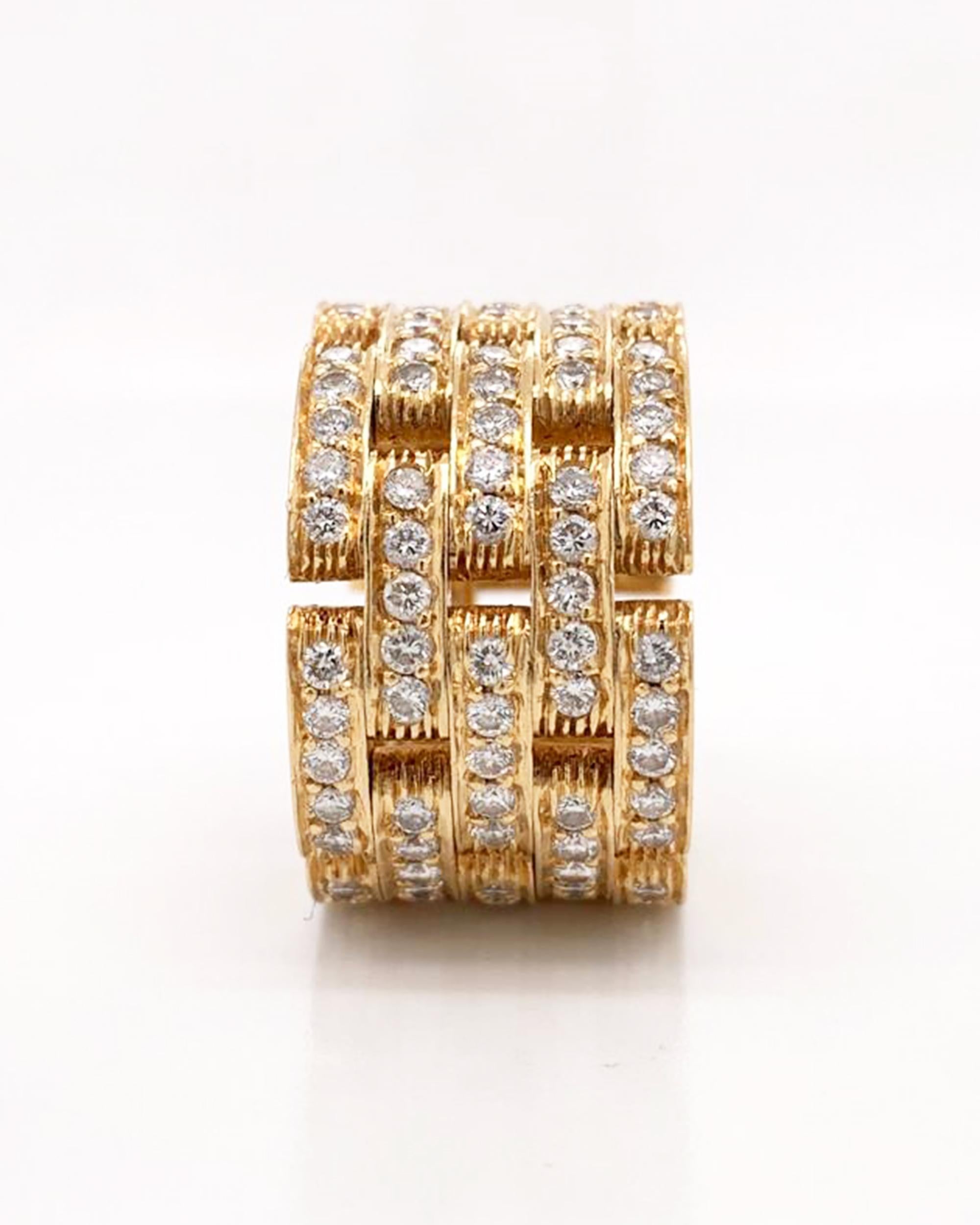A beautiful band ring embellished with round diamonds pave and set in 18K yellow gold. 
The ring is designed as five rows. 
From the famous Cartier Maillon Panthere Collection. Authentic.
18K yellow gold weighs 20.54 grams. 
Serial number will be