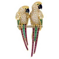 Cartier Paris Diamond Multi Gem Set Twin Parrot Brooch