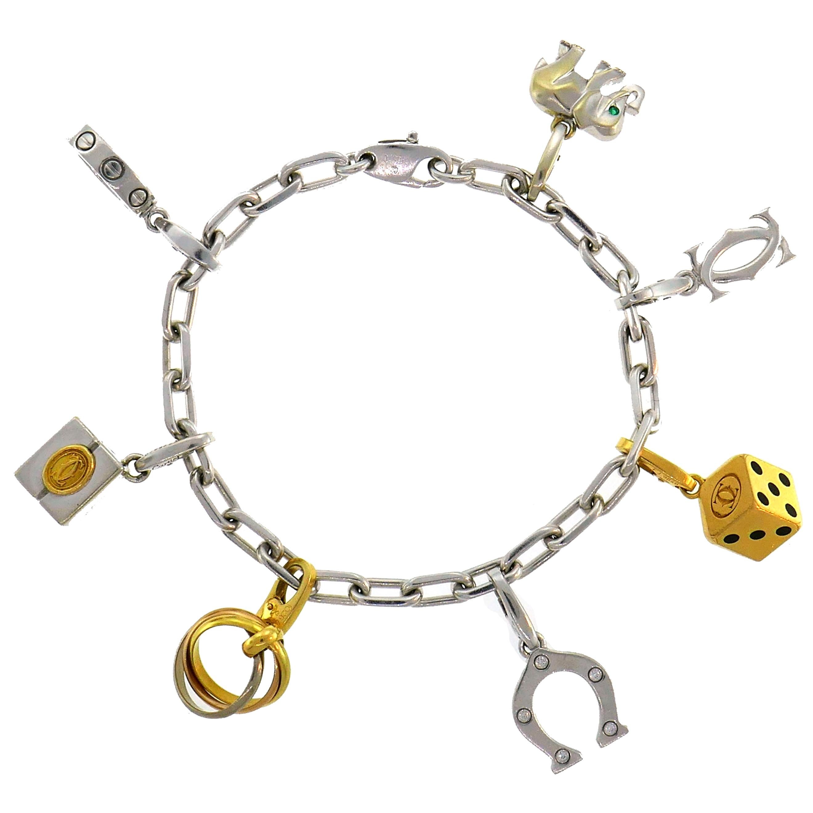 Cartier Diamond Gold Charm Bracelet with Signature Cartier Charms