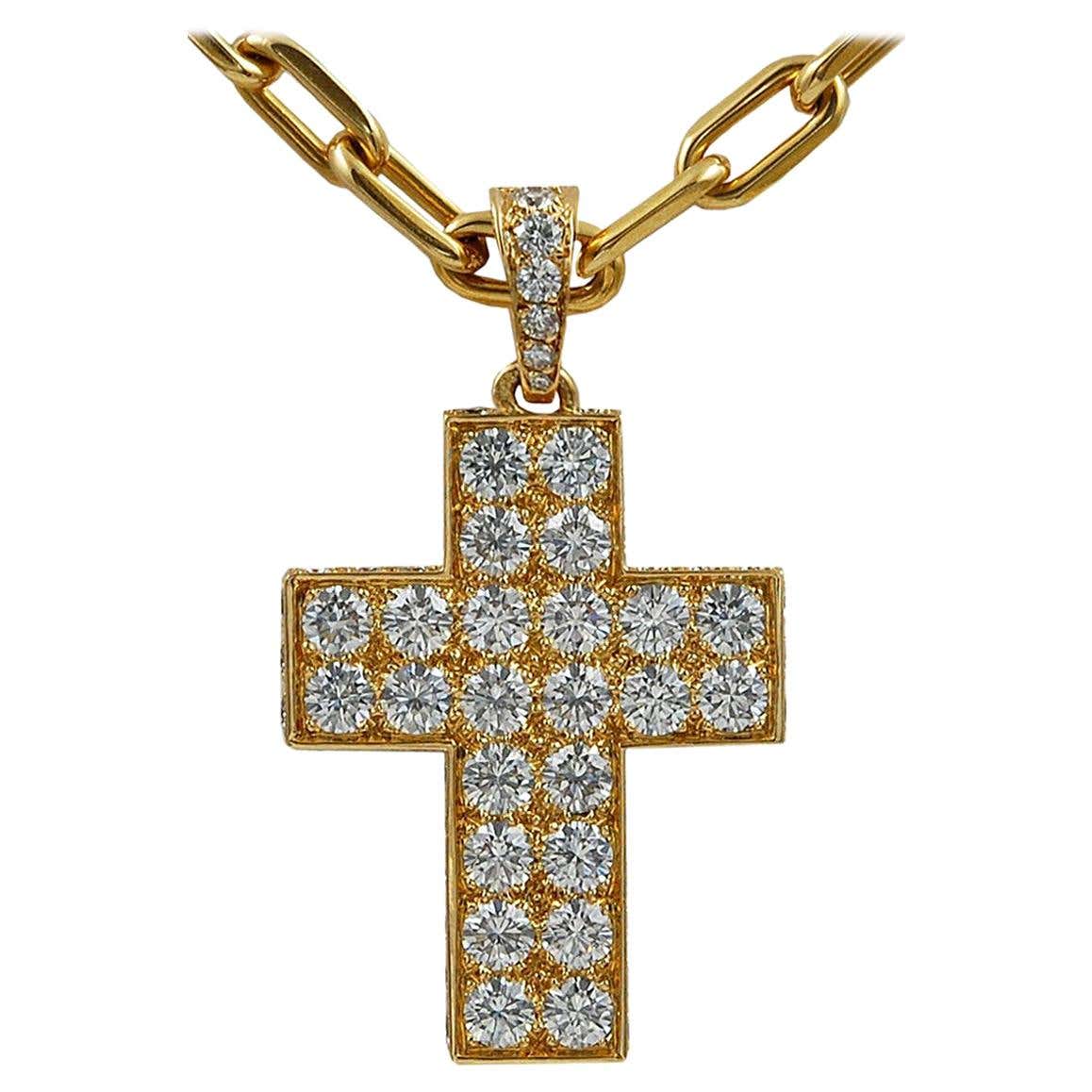 Cartier Diamond Yellow Gold Cross Pendant For Sale at 1stDibs