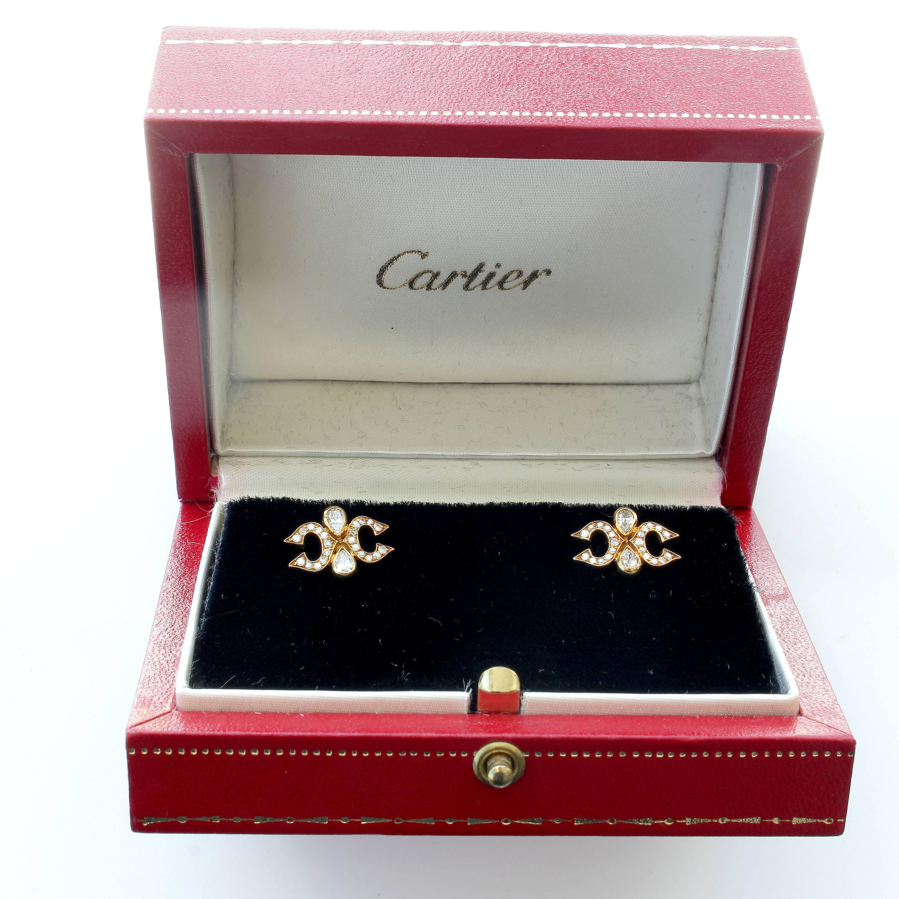 Cartier Diamond Gold Double C Earrings In Excellent Condition In Beverly Hills, CA