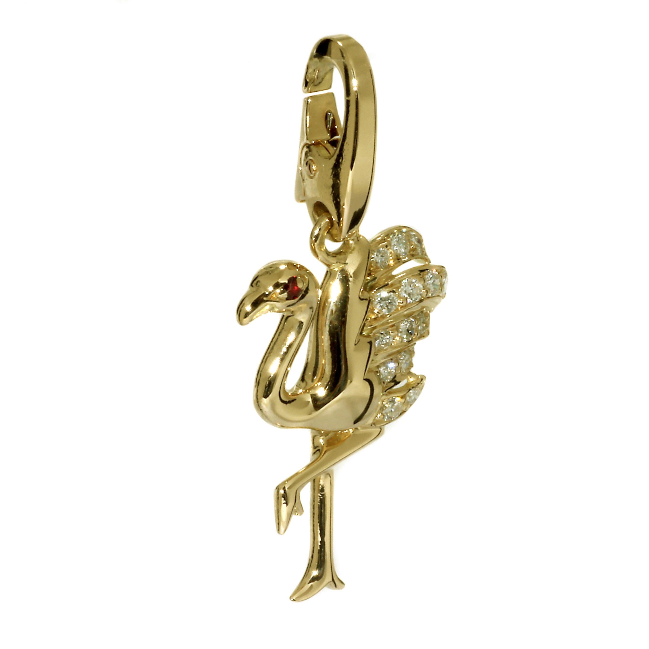 An extremely rare Cartier Flamingo pendant/ charm charm set with the finest Cartier round brilliant cut diamonds in 18k yellow gold.

Dimensions: 15mm wide (.59″ Inches) by 31mm (1.22″ Inches) in length

Inventory ID: 0000148