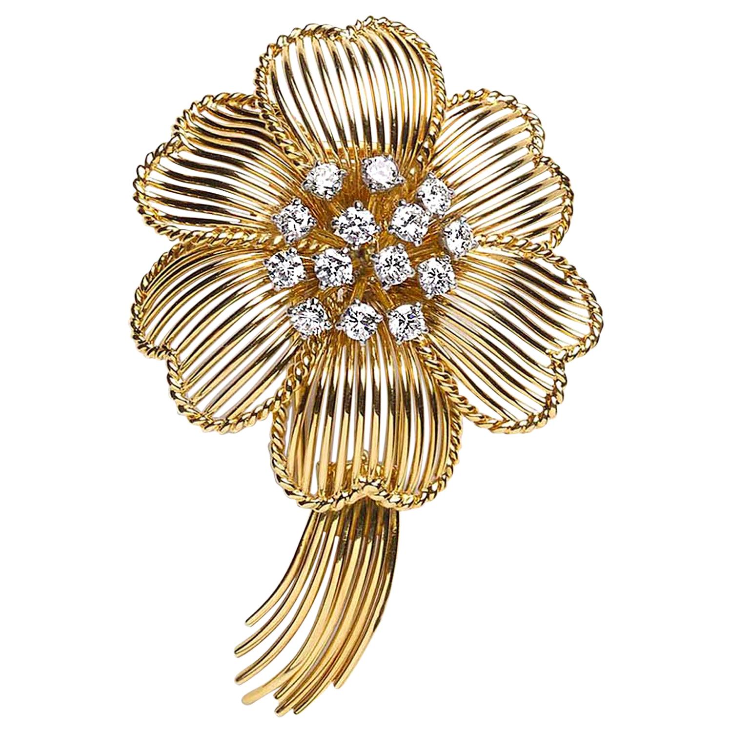 Cartier Diamond Gold Flower Brooch, circa 1960