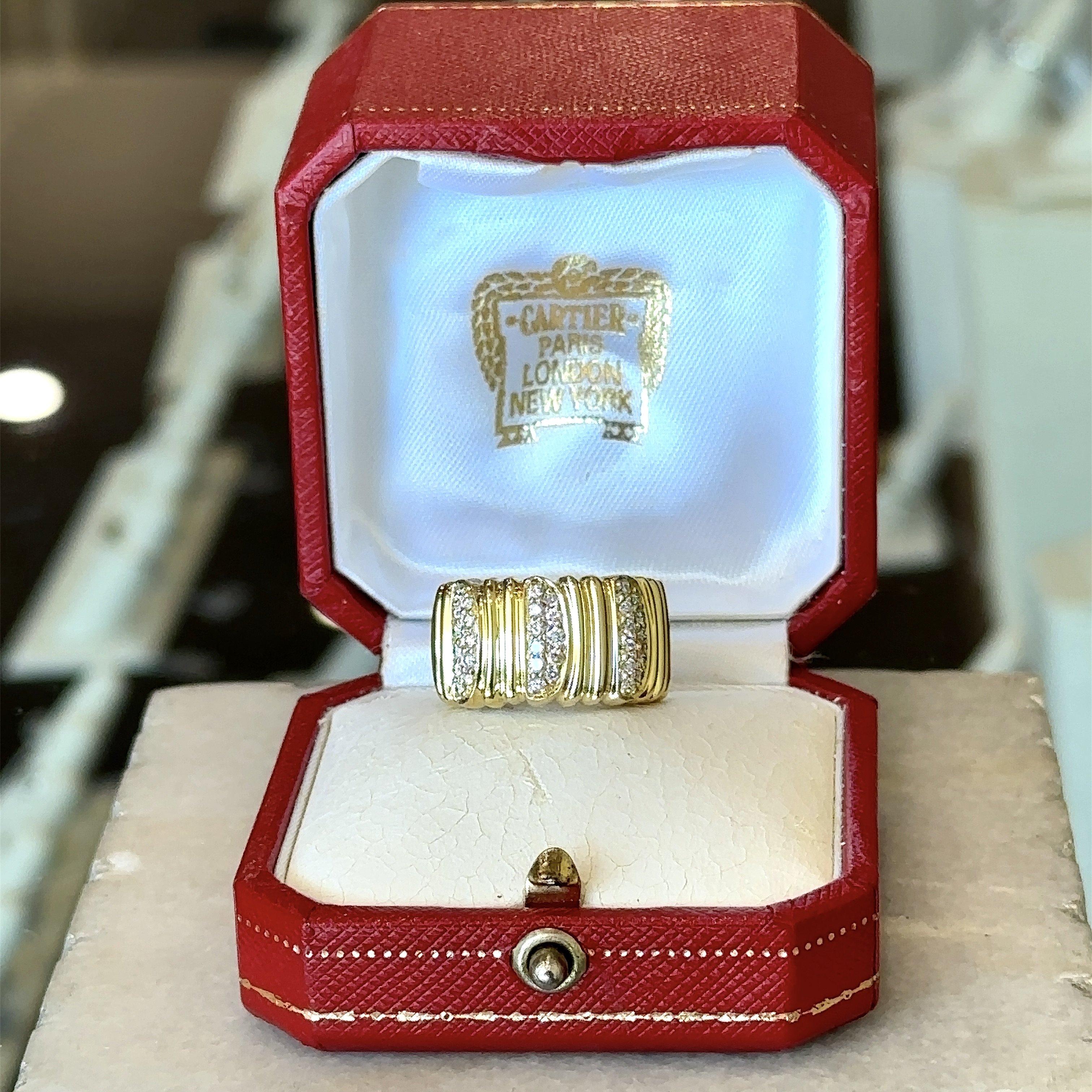 Modern Cartier Diamond Wide 18KT Yellow Gold Ring With Box