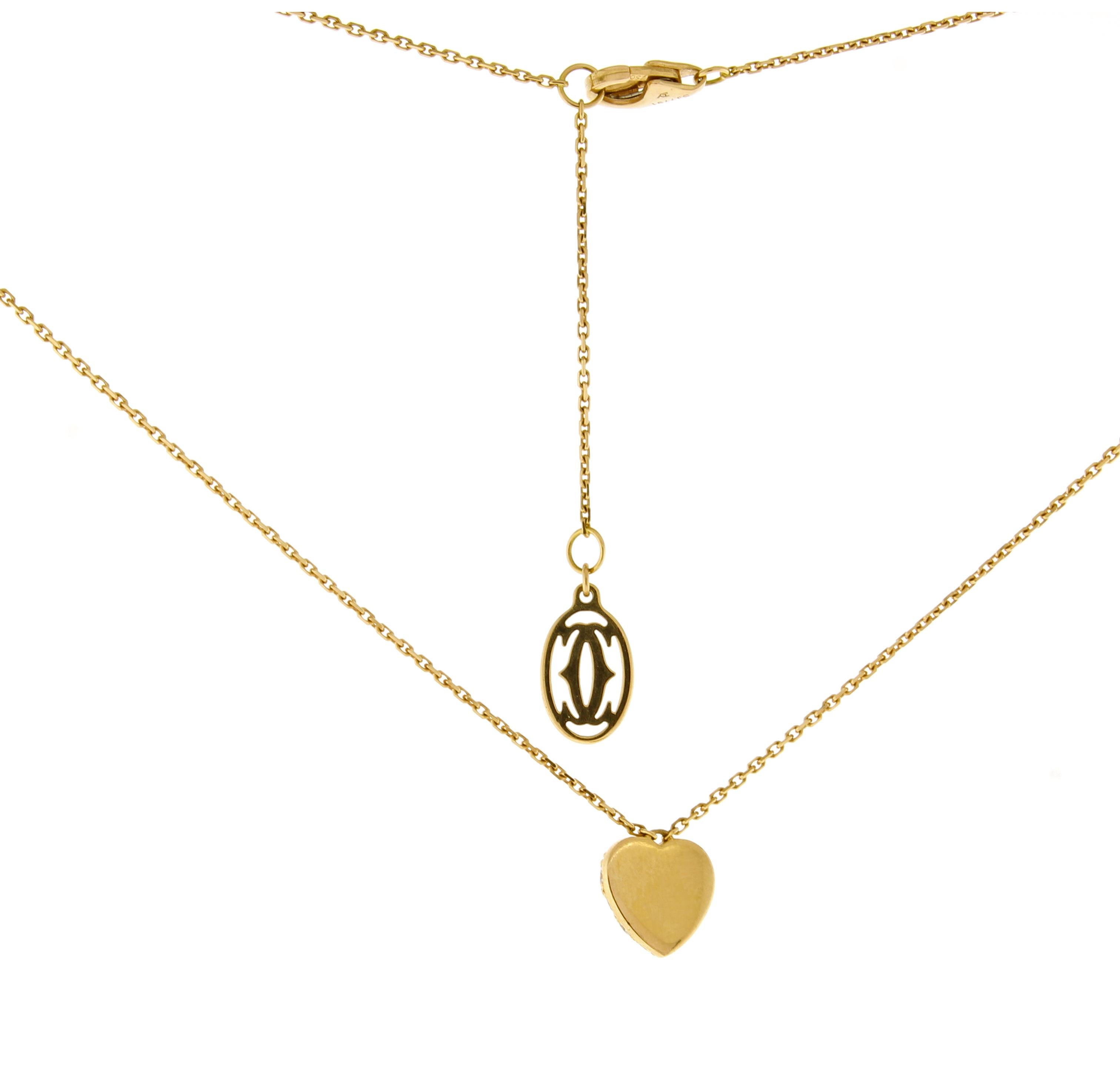 From Cartier, a small pavé diamond pendant necklace
♦ Designer: Cartier
♦ Metal: 18 karat
♦ 18 Diamonds=.45 carat, F-G VVS
♦ Heart 3/8th of an inch across
♦ Chain 16 inches adjustable to 14 ¼ 
♦ Packaging: Cartier box
♦ Condition: Excellent ,