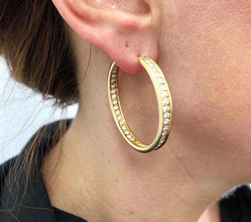 Round Cut Cartier Diamond Yellow Gold Torqued Hoop Earrings For Sale