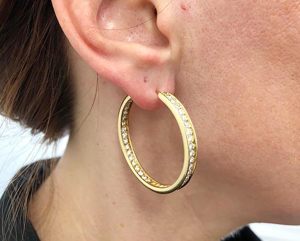 Cartier Diamond Yellow Gold Torqued Hoop Earrings In Good Condition For Sale In New York, NY