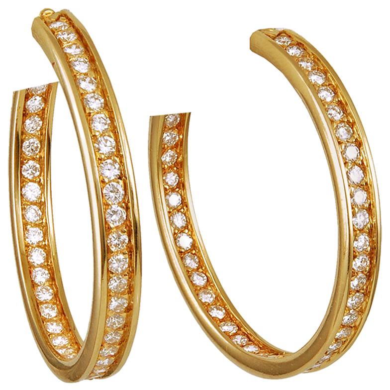 Cartier Diamond Yellow Gold Torqued Hoop Earrings For Sale