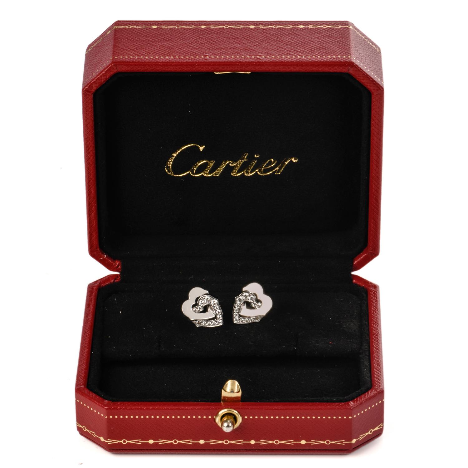 Round Cut Cartier Diamond Interlocking Heart 18 Karat Gold Earrings