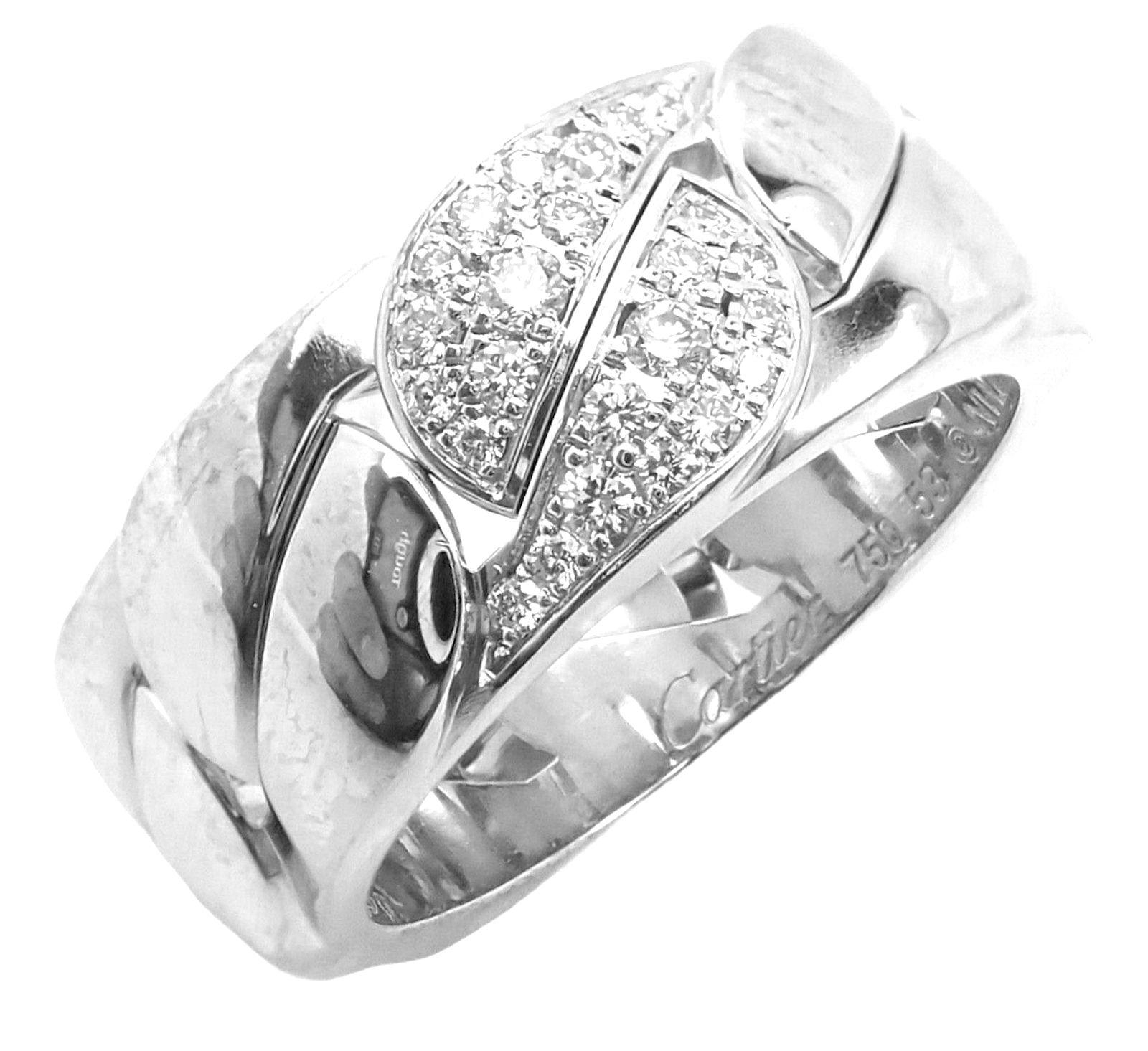 18k White Gold Diamond La Dona Band Ring by Cartier.  
With 22x round brilliant cut diamonds VS1 clarity, G color total weight approx. .50ct
Details: 
Ring Size: European 53, US 6 1/4
Width: 9mm
Weight: 15.7 grams
Stamped Hallmarks Cartier 750 53