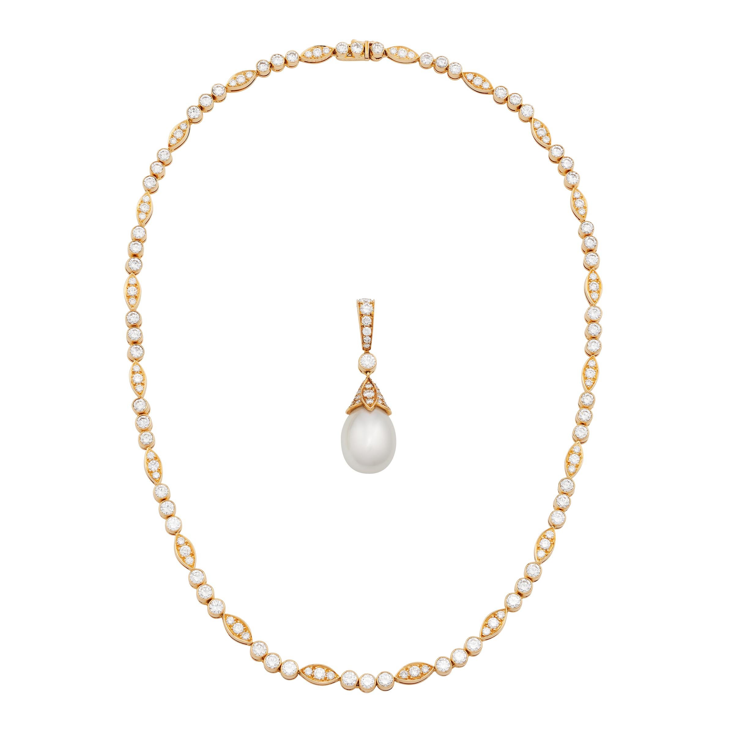 Cartier Diamant-Linien-Halskette und Perlen-Tropfen-Anhänger aus 18 Karat Gelbgold im Angebot 10