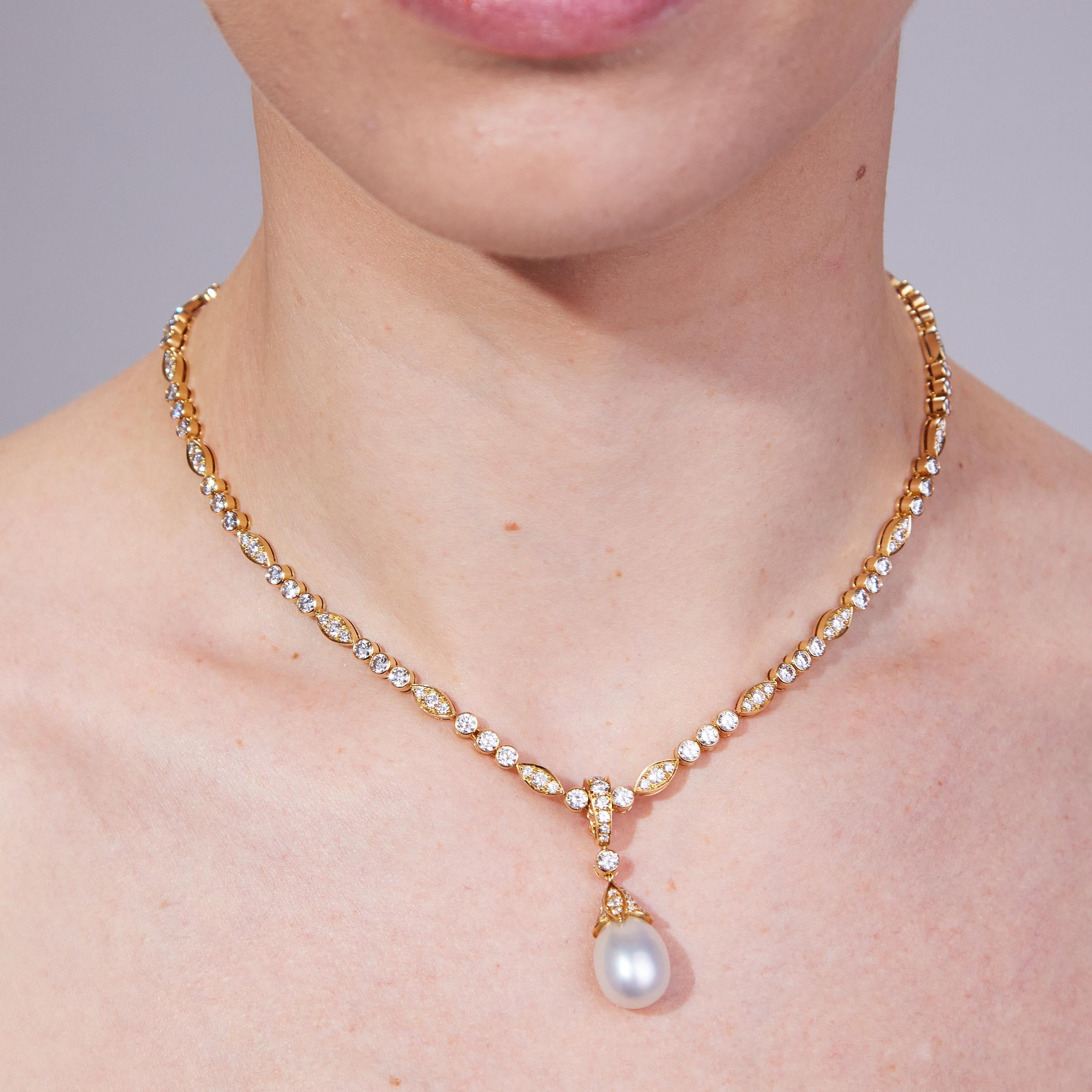 Women's Cartier Diamond Line Necklace and Pearl Drop Pendant in 18K Yellow Gold For Sale