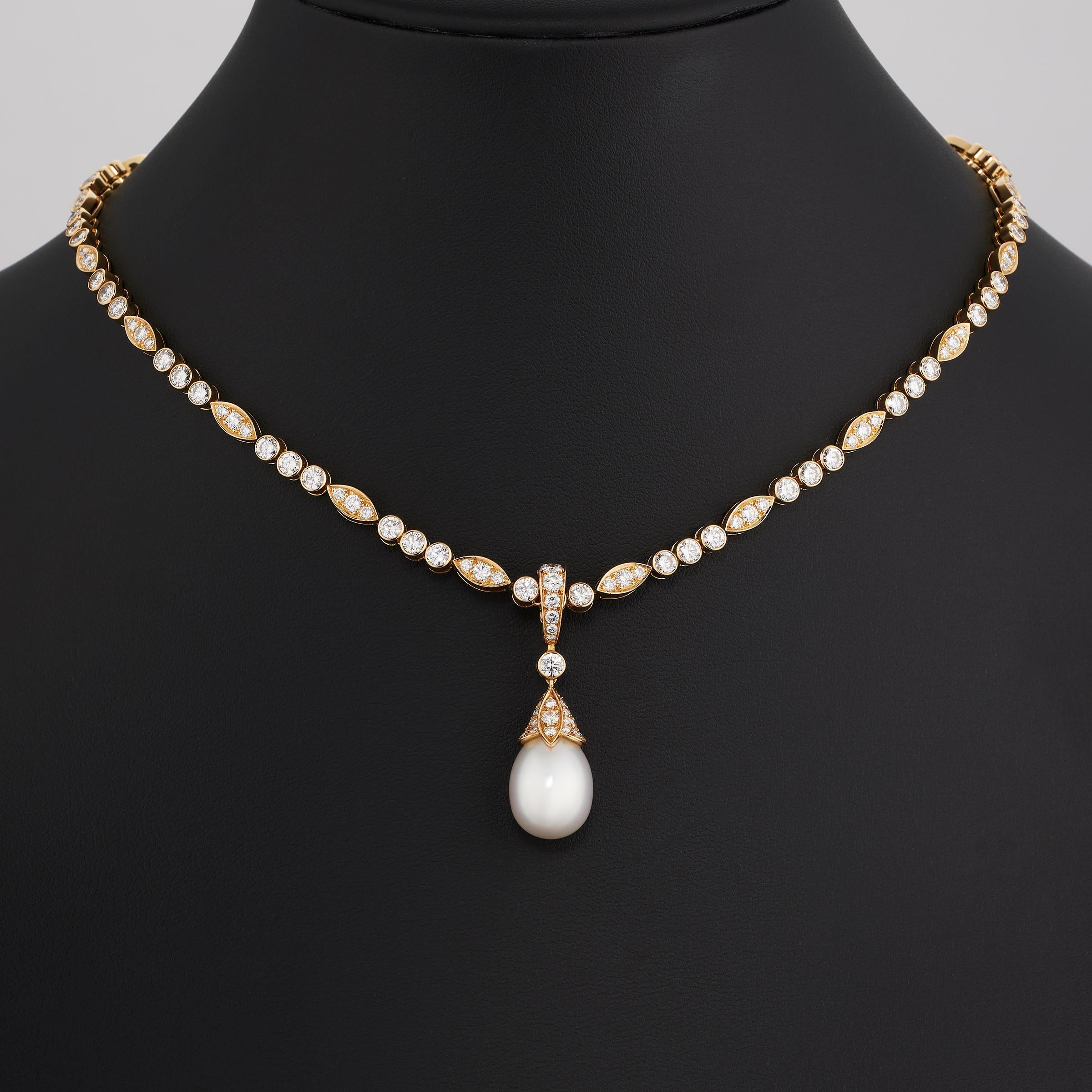 Brilliant Cut Cartier Diamond Line Necklace and Pearl Drop Pendant in 18K Yellow Gold For Sale