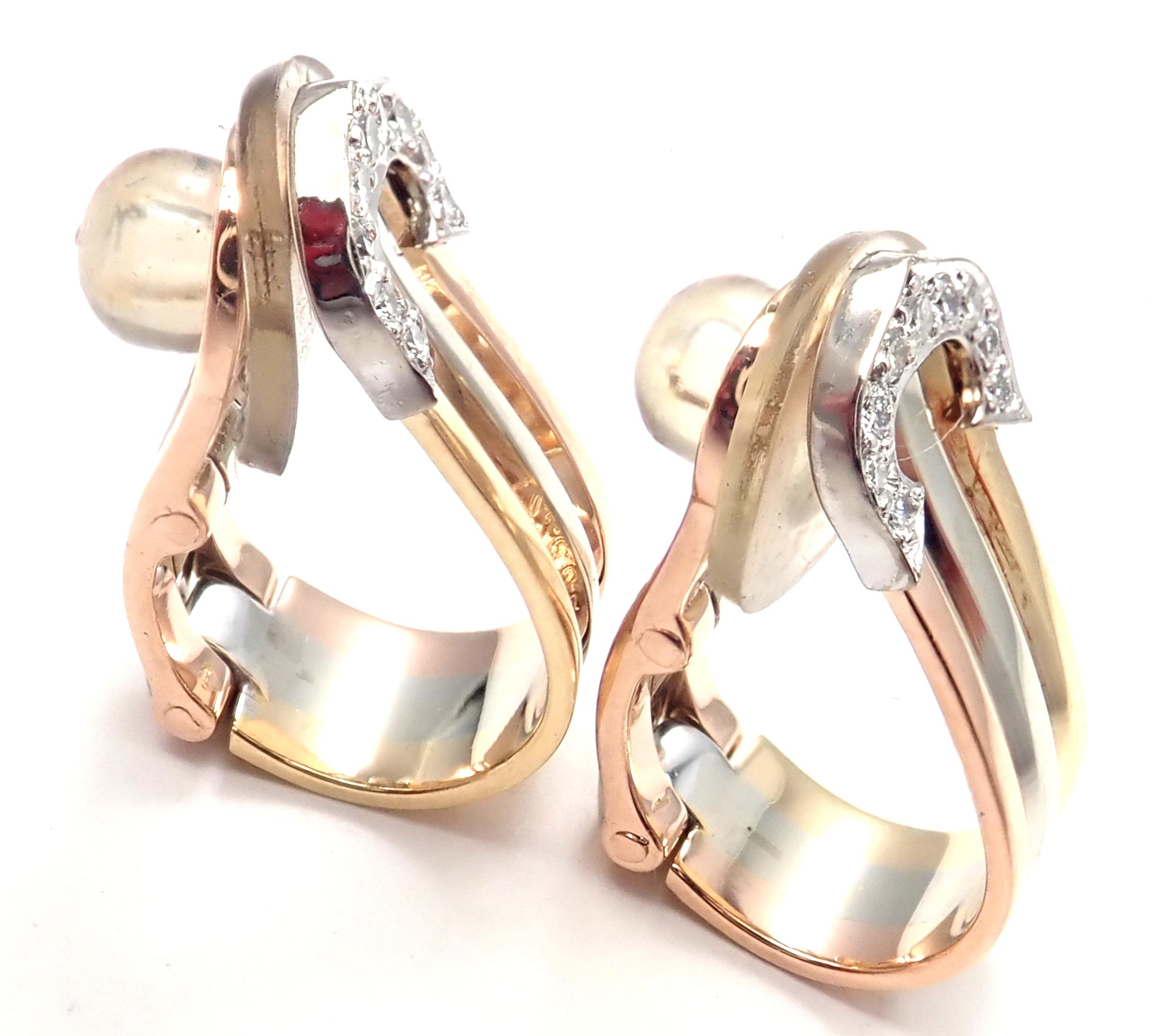 18k Tri-Color Gold Diamond Double C Logo Hoop Earrings by Cartier.
With 18 round brilliant cut diamonds total weight approx .16ct. 
Diamonds VS1 clarity, E color
*** These earrings are made for non pierced ears, but they can be converted by adding