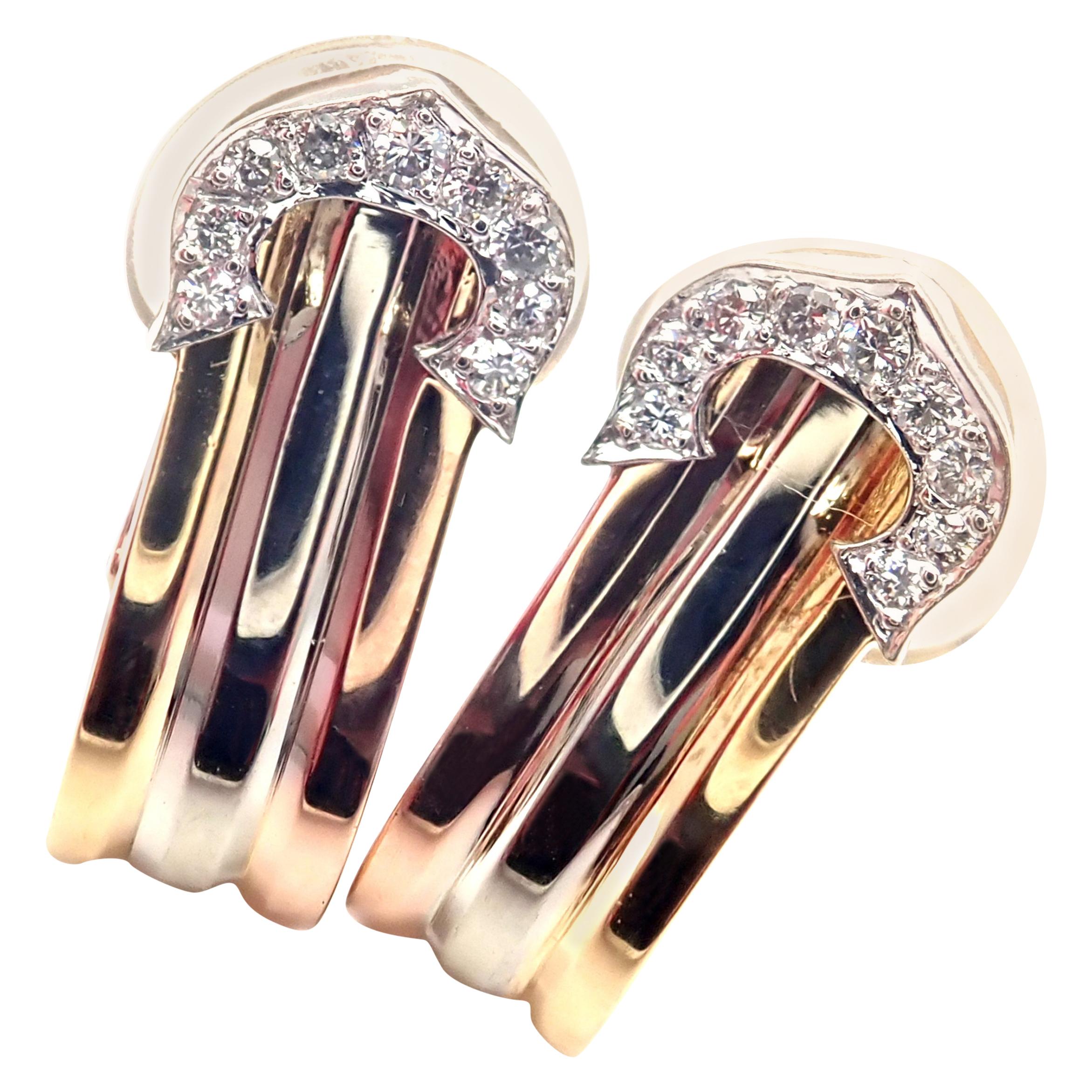 Cartier Diamond Logo Double C Tri-color Gold Hoop Earrings