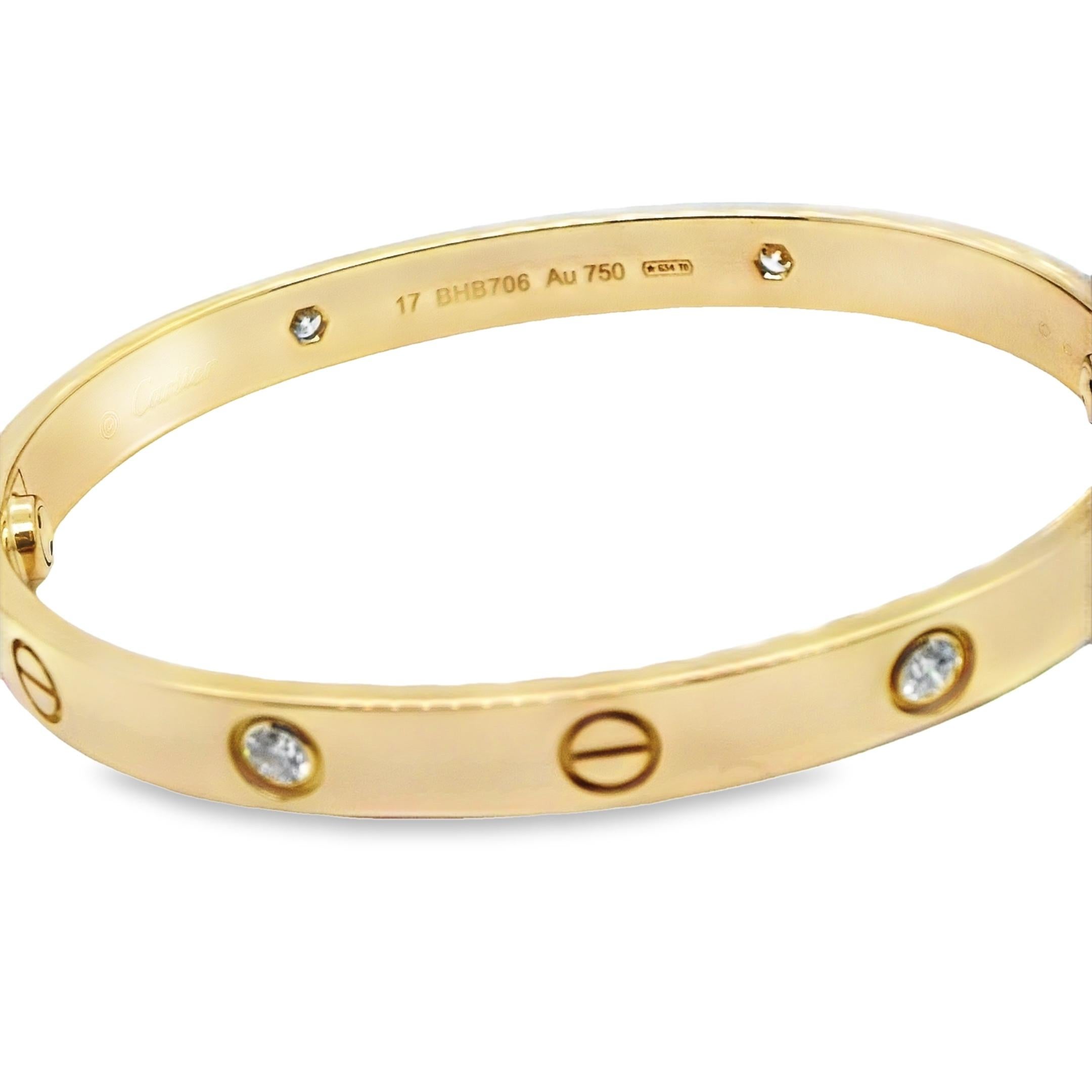 Cartier Love bracelet, set with 4 Diamonds.

The Iconic Cartier bracelet, size 17cm with 4 Diamonds Ref: B6070017

This amazing chic bracelet comes fully set in 18ct yellow gold set with 4 Diamonds with a total diamond weight of 0.42ct, a collectors