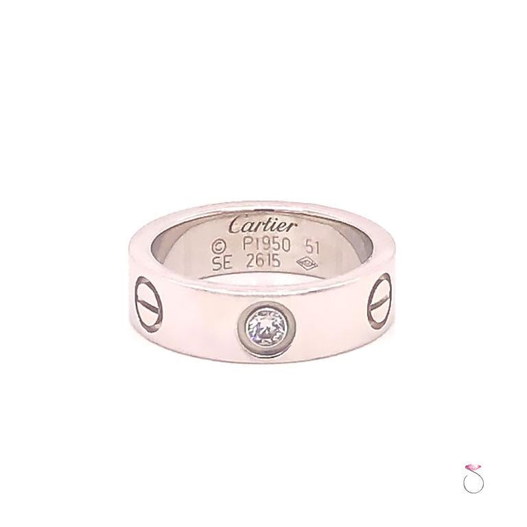 Authentic Cartier Platinum LOVE ring. This beautiful Cartier LOVE ring features one round brilliant diamond and the iconic screw motifs. The ring is made in Pltinum 950. The diamond is approximately 0.08 carat, D to F in color and VVS1 to VS1 in