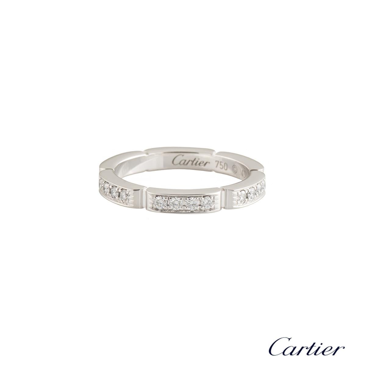 A beautiful 18k white gold diamond Cartier Maillon Panthere ring from the Links and Chain collection. The ring comprises of 6 brick work design panels with each panel pave set with 4 round brilliant cut diamonds totalling approximately 0.35ct, F