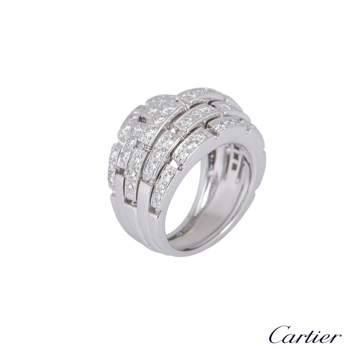 A stunning 18k white gold diamond ring by Cartier from the Maillon Panthere collection. The bombe style ring comprises of 5 rows in a brick style pattern partially set with 3 round brilliant cut diamonds on each panel. There are a total of 69