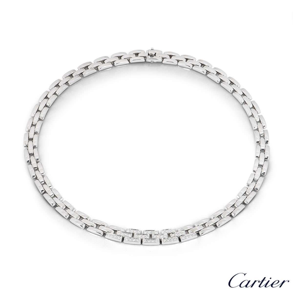 A beautiful 18k white gold diamond set necklace from the Cartier Maillon Panthere collection. The necklace is composed of iconic Maillon brick style links, complemented by a pave set diamond intersection set to the front. The necklace measures 15