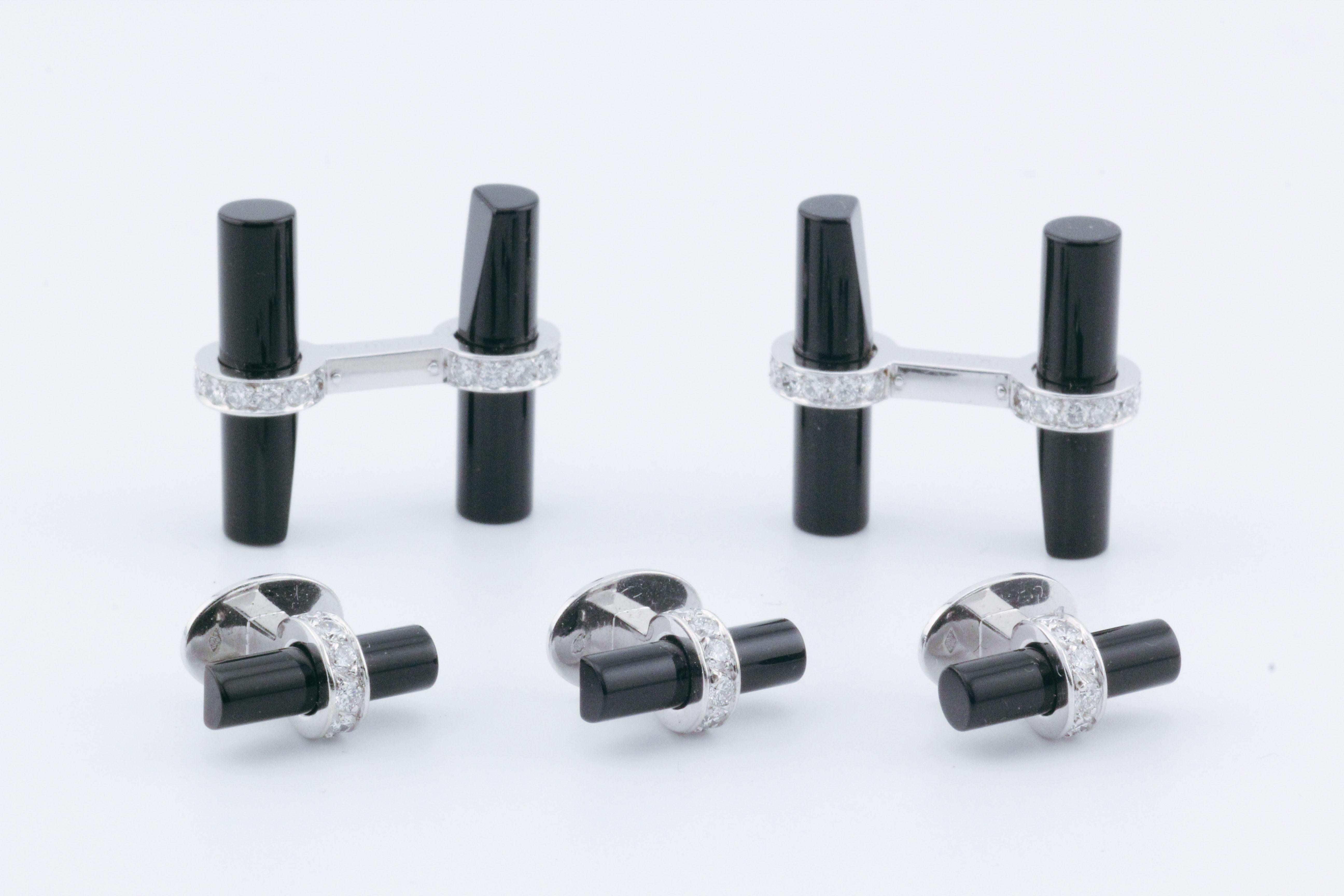 Brilliant Cut Cartier Diamond Onyx 18k White Gold Bar Cufflinks Studs Tuxedo Dress Set