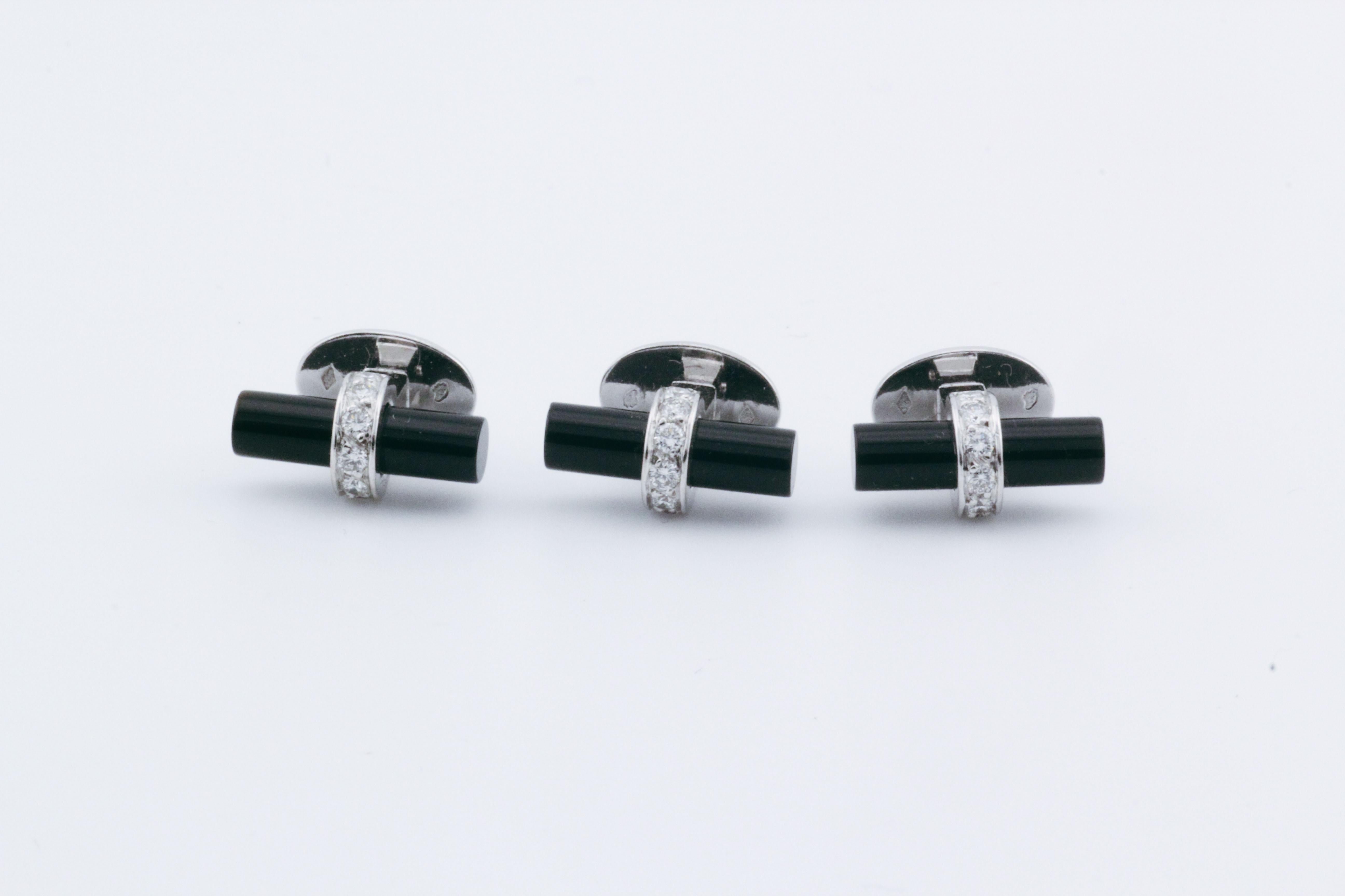 Cartier Diamond Onyx 18k White Gold Bar Cufflinks Studs Tuxedo Dress Set In Good Condition In Simpsonville, SC