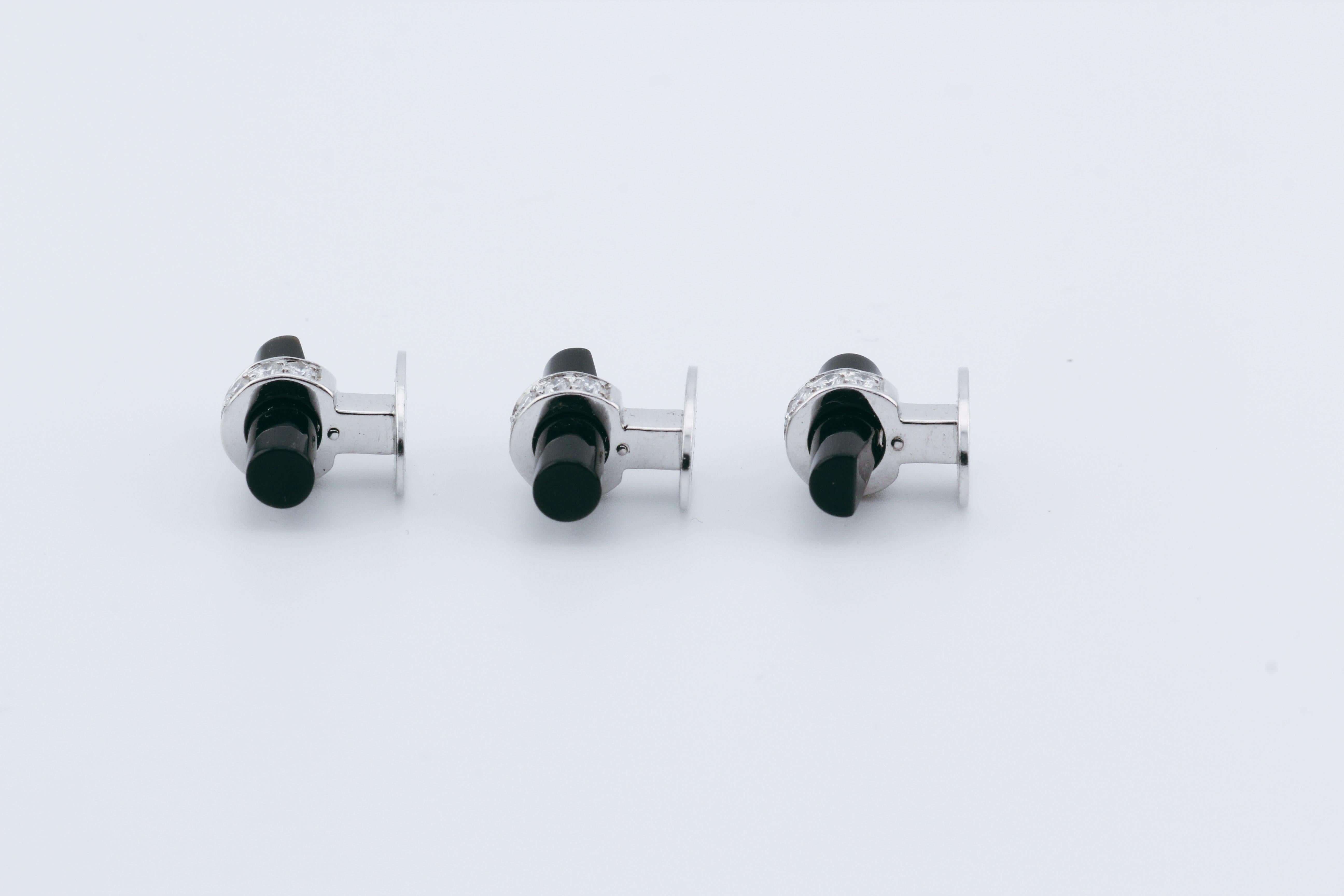 Men's Cartier Diamond Onyx 18k White Gold Bar Cufflinks Studs Tuxedo Dress Set