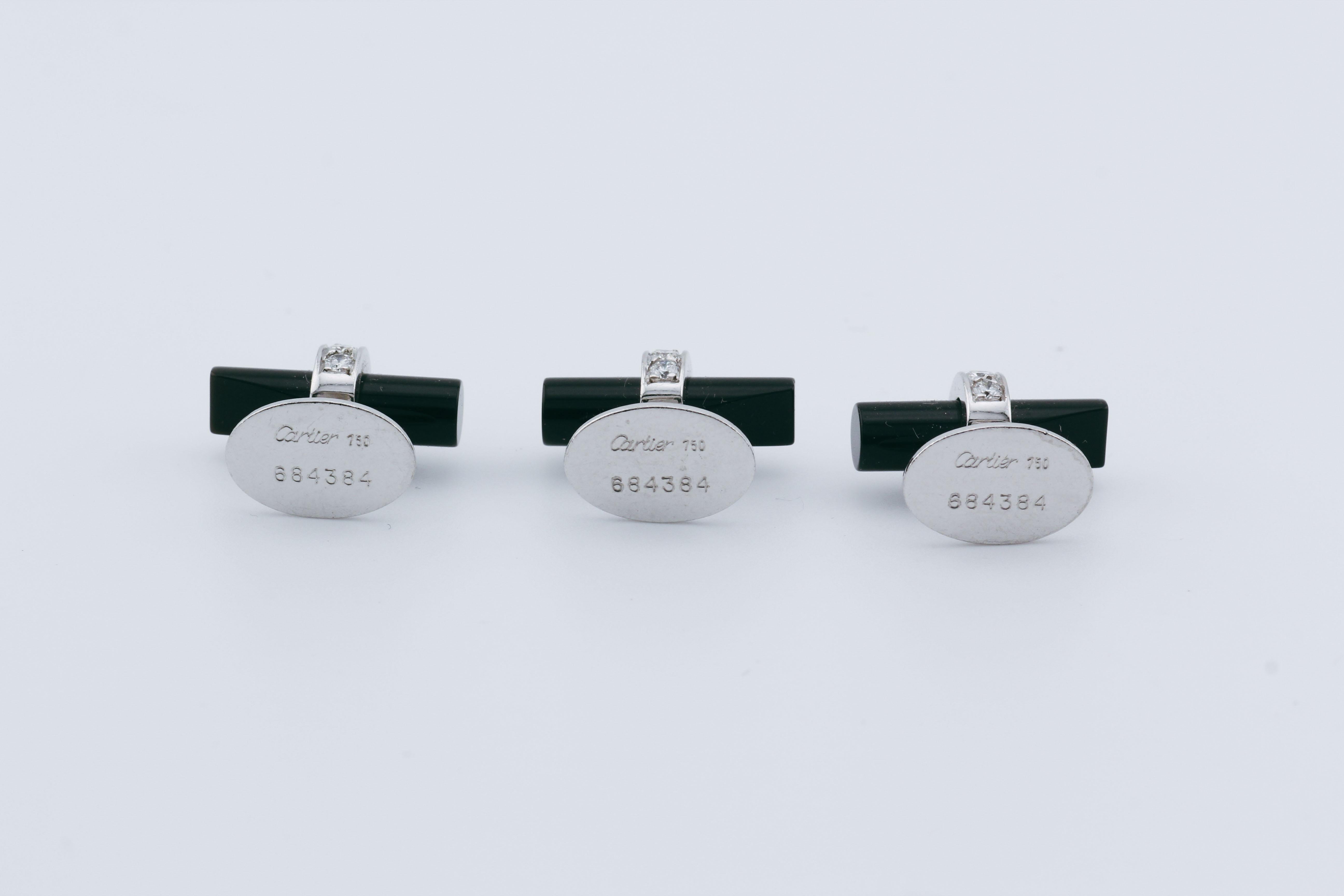 Cartier Diamond Onyx 18k White Gold Bar Cufflinks Studs Tuxedo Dress Set 1