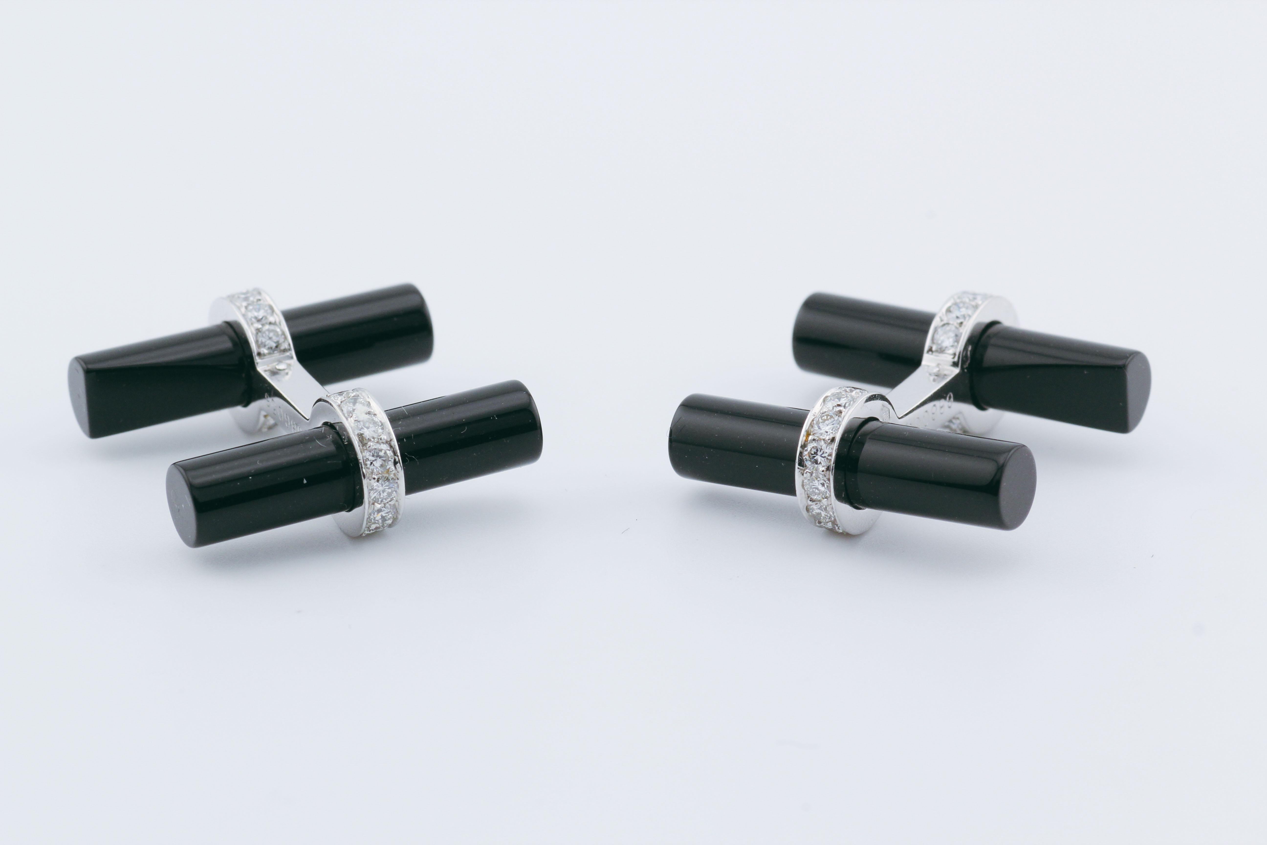 Cartier Diamond Onyx 18k White Gold Bar Cufflinks Studs Tuxedo Dress Set 2