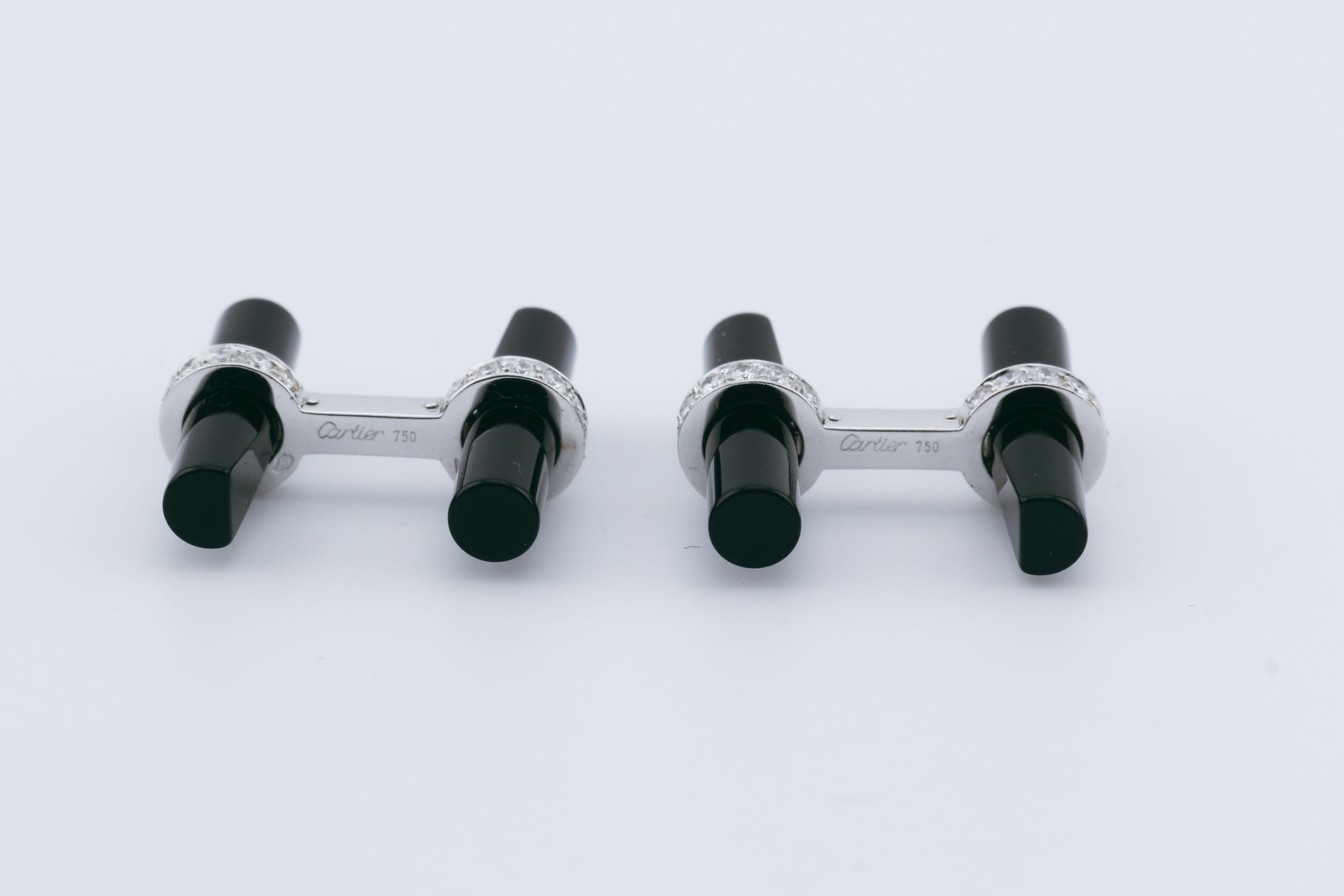 Cartier Diamond Onyx 18k White Gold Bar Cufflinks Studs Tuxedo Dress Set 3