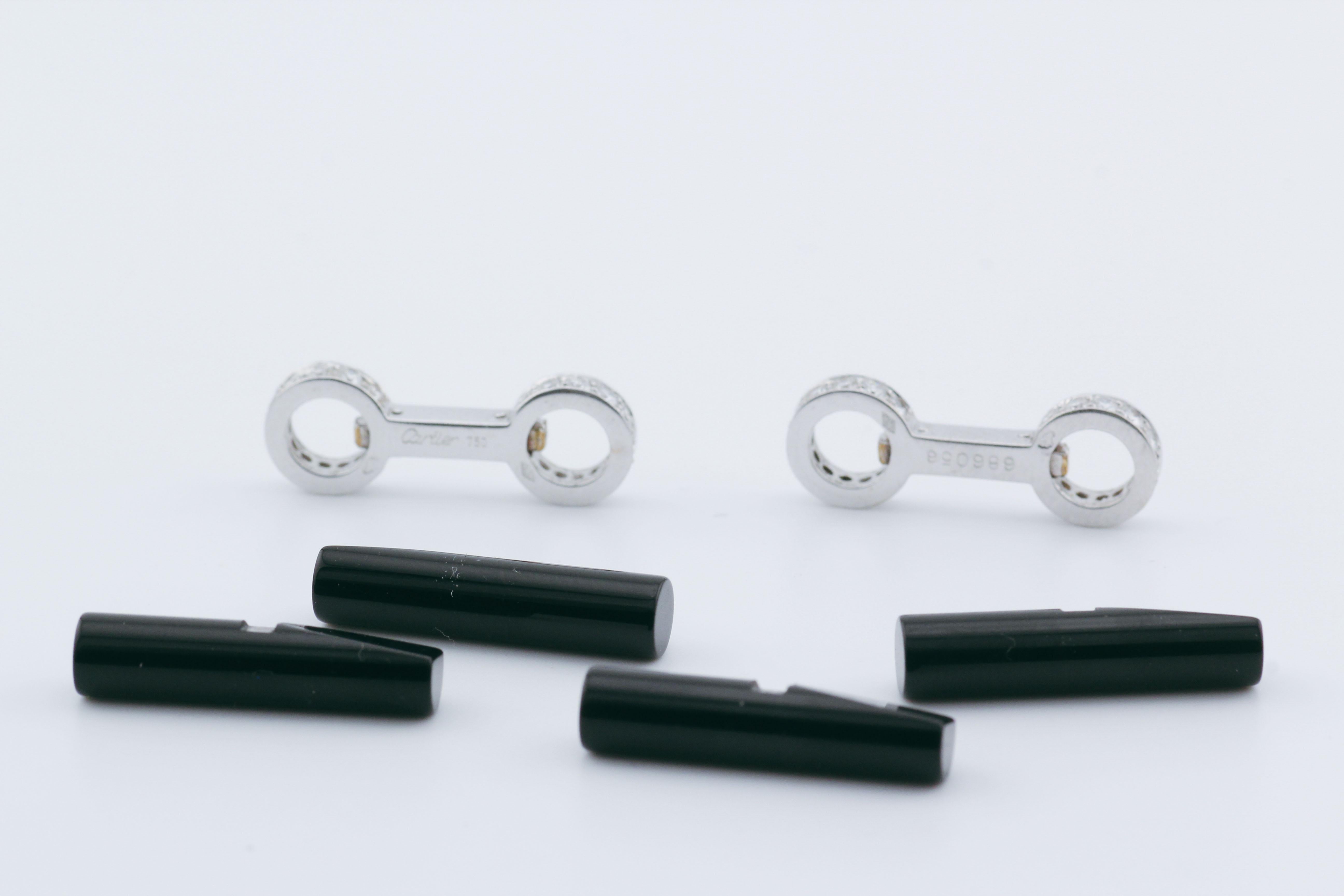 Cartier Diamond Onyx 18k White Gold Bar Cufflinks Studs Tuxedo Dress Set 4